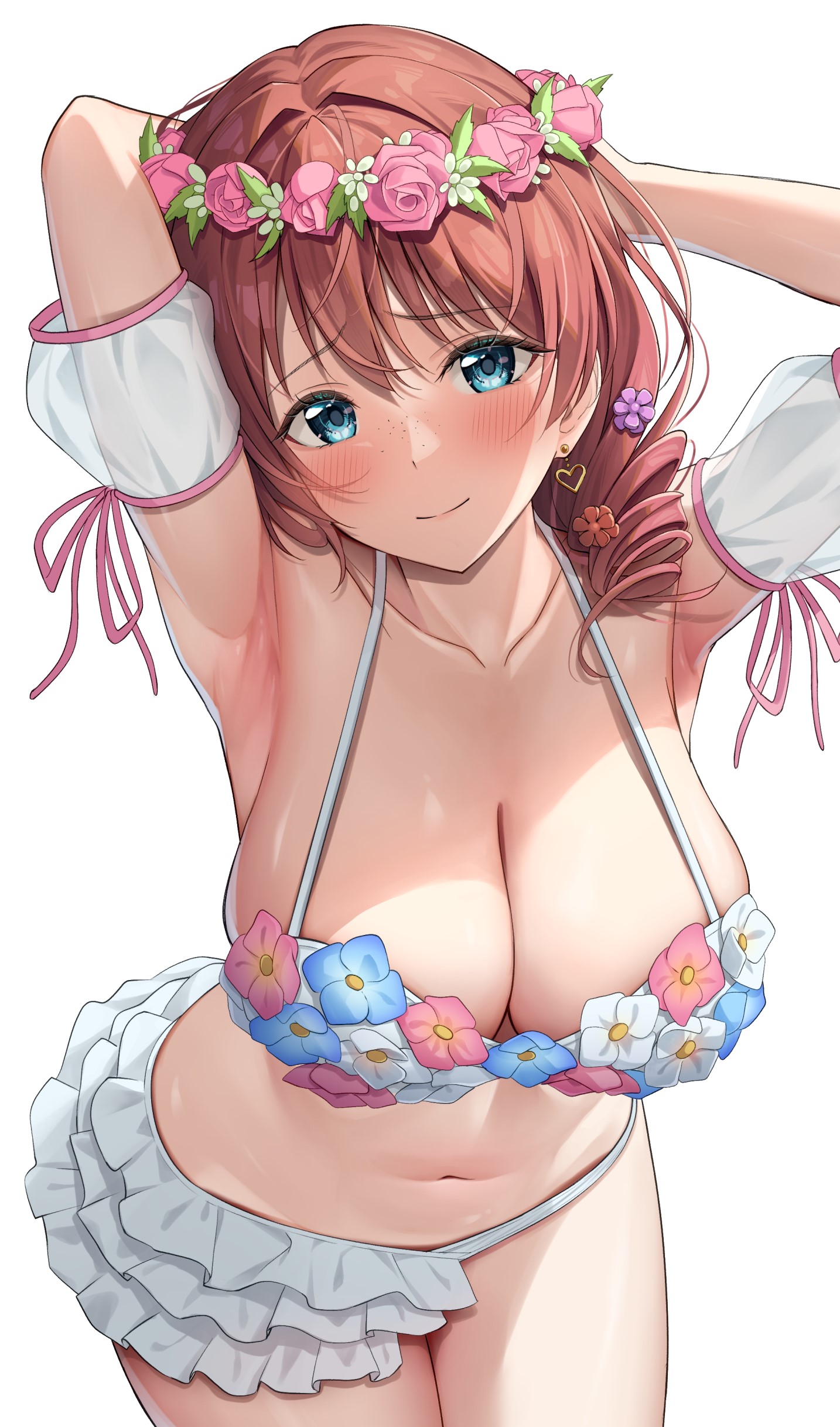 Anime 1434x2436 anime anime girls white background smiling portrait display cleavage huge breasts Love Live! Love Live! Nijigasaki High School Idol Club Emma Verde blushing closed mouth blue eyes flower in hair flower crown swimwear arms up arm(s) behind head armpits collarbone standing oku1225 long hair earring simple background