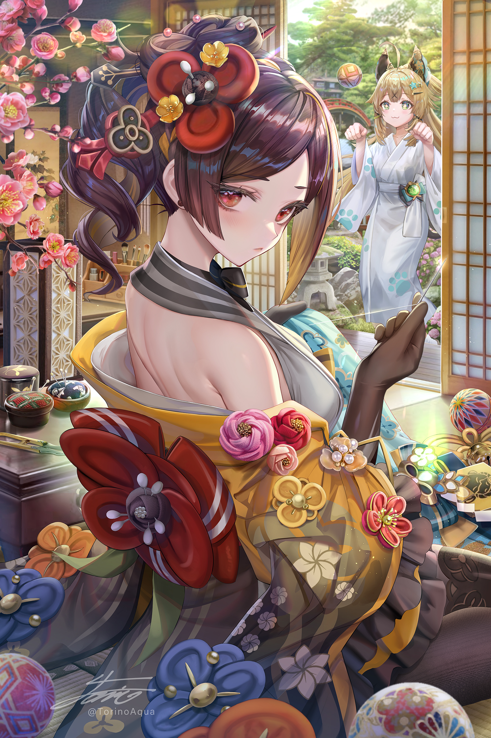 Anime 1600x2406 Genshin Impact kimono portrait display cat girl Chiori (Genshin Impact) Kirara (Genshin Impact) looking at viewer cat ears looking back signature hair ornament flowers pink flowers red eyes gloves closed mouth jewelry two women Torino Akua sewing black pantyhose back black gloves animal ears hair between eyes anime star eyes anime girls long sleeves wide sleeves Japanese clothes standing sliding doors