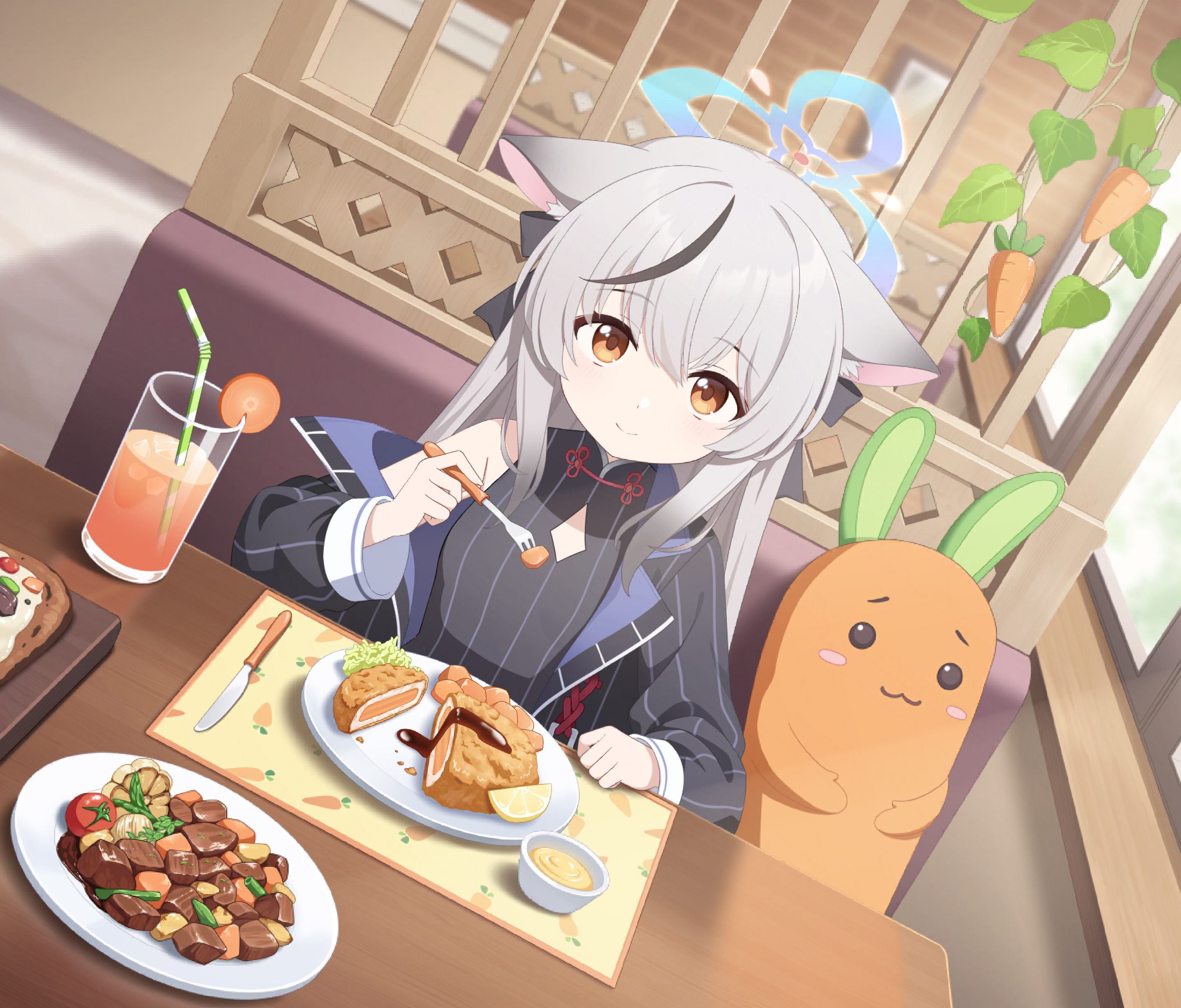 Anime 3253x2777 Sunohara Kokona Blue Archive long hair anime food Game CG anime girls smiling hair between eyes table drinking straw drink plates fork knife food carrots fruit lemons vegetables one bare shoulder sitting off shoulder long sleeves gray hair yellow eyes closed mouth ice cubes
