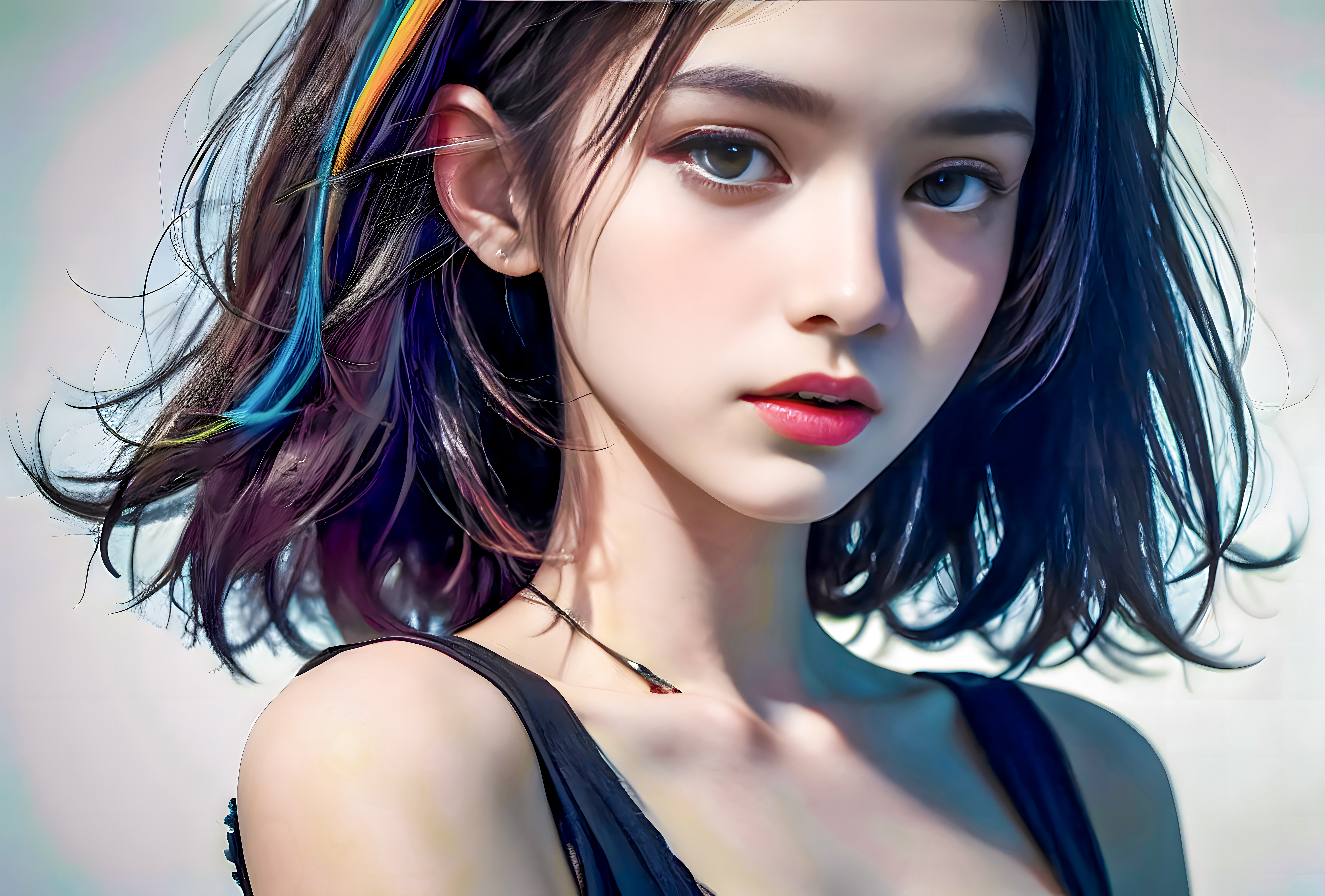 General 7270x4915 AI art looking at viewer short hair parted lips shoulder length hair face closeup digital art simple background women multi-colored hair Asian collarbone