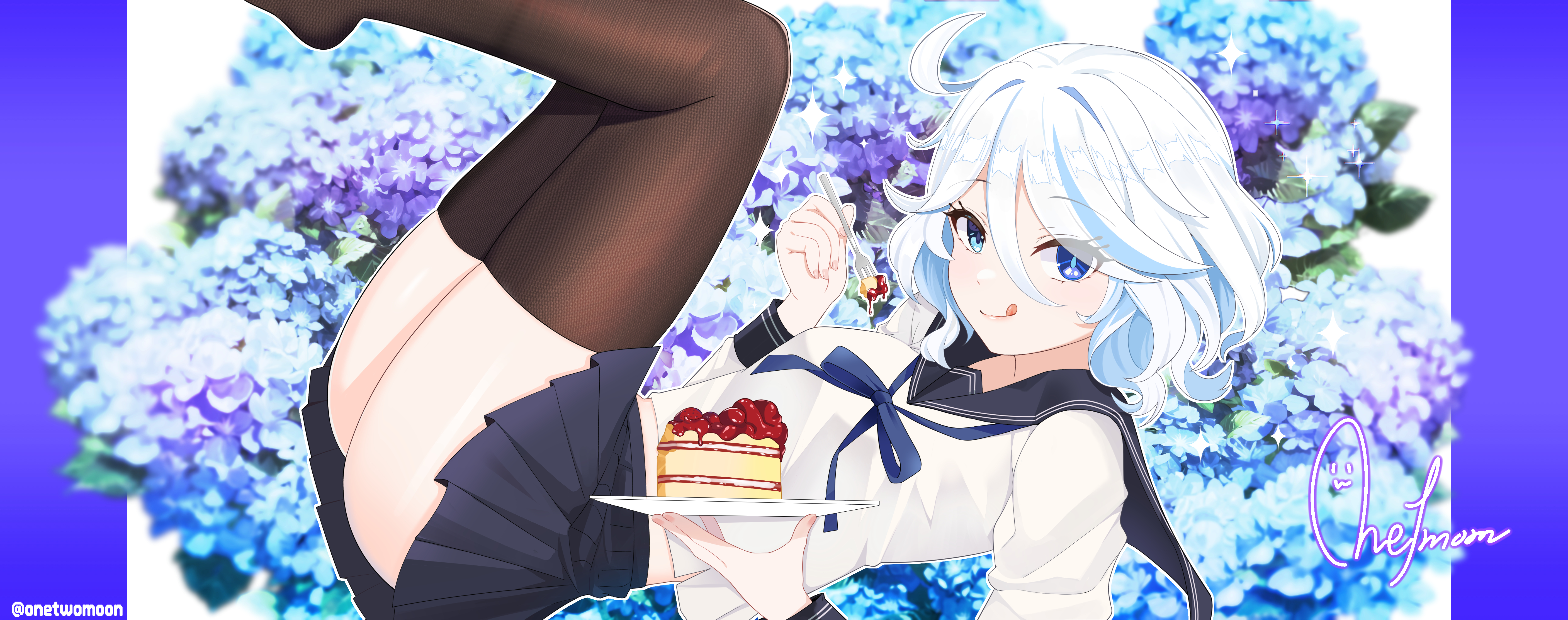 Anime 5627x2225 Furina (Genshin Impact) skirt Genshin Impact looking at viewer smiling plates heterochromia two tone hair blue hair short hair signature schoolgirl school uniform ass watermarked cake tongue out flowers tongues fork stockings stars lying down lying on back sweets leaves anime girls