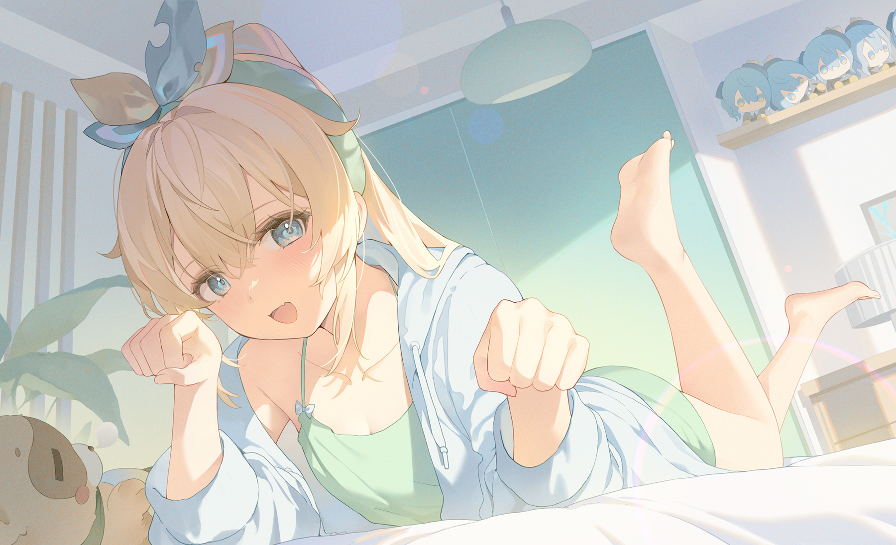 Anime 1800x1096 anime anime girls Kazama Iroha Hololive Virtual Youtuber Hana Mori Hoshimachi Suisei smiling open mouth foot sole indoors women indoors hair between eyes blushing sunlight lying on front lying down collarbone looking at viewer blonde blue eyes off shoulder fist leaves in bed feet in the air sun rays long sleeves jacket open jacket blue hoodie hair ornament bed