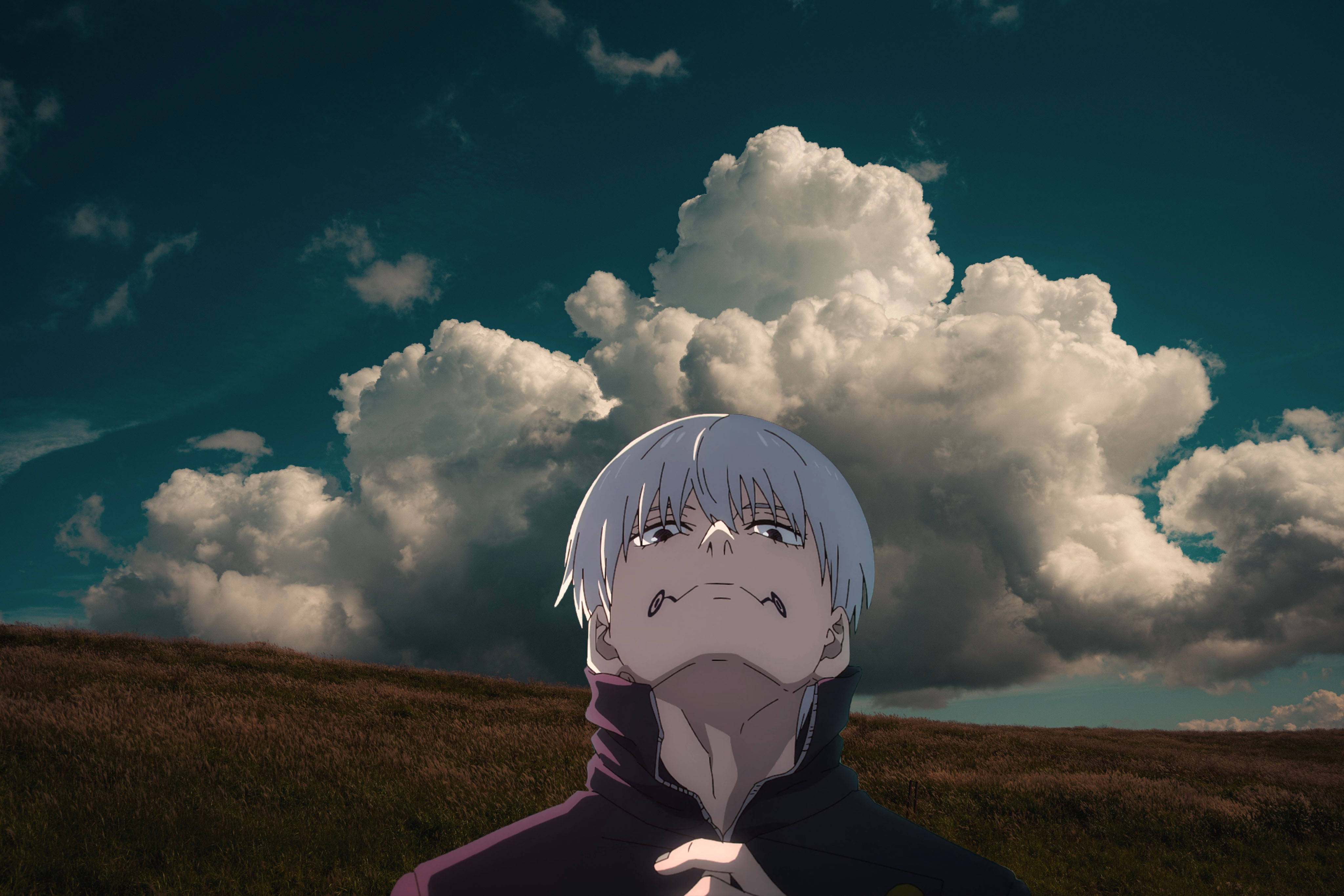 Anime 4096x2731 Toge Inumaki anime boys clouds Jujutsu Kaisen looking at viewer sky short hair closed mouth white hair animeirl hills hair between eyes unzipped anime