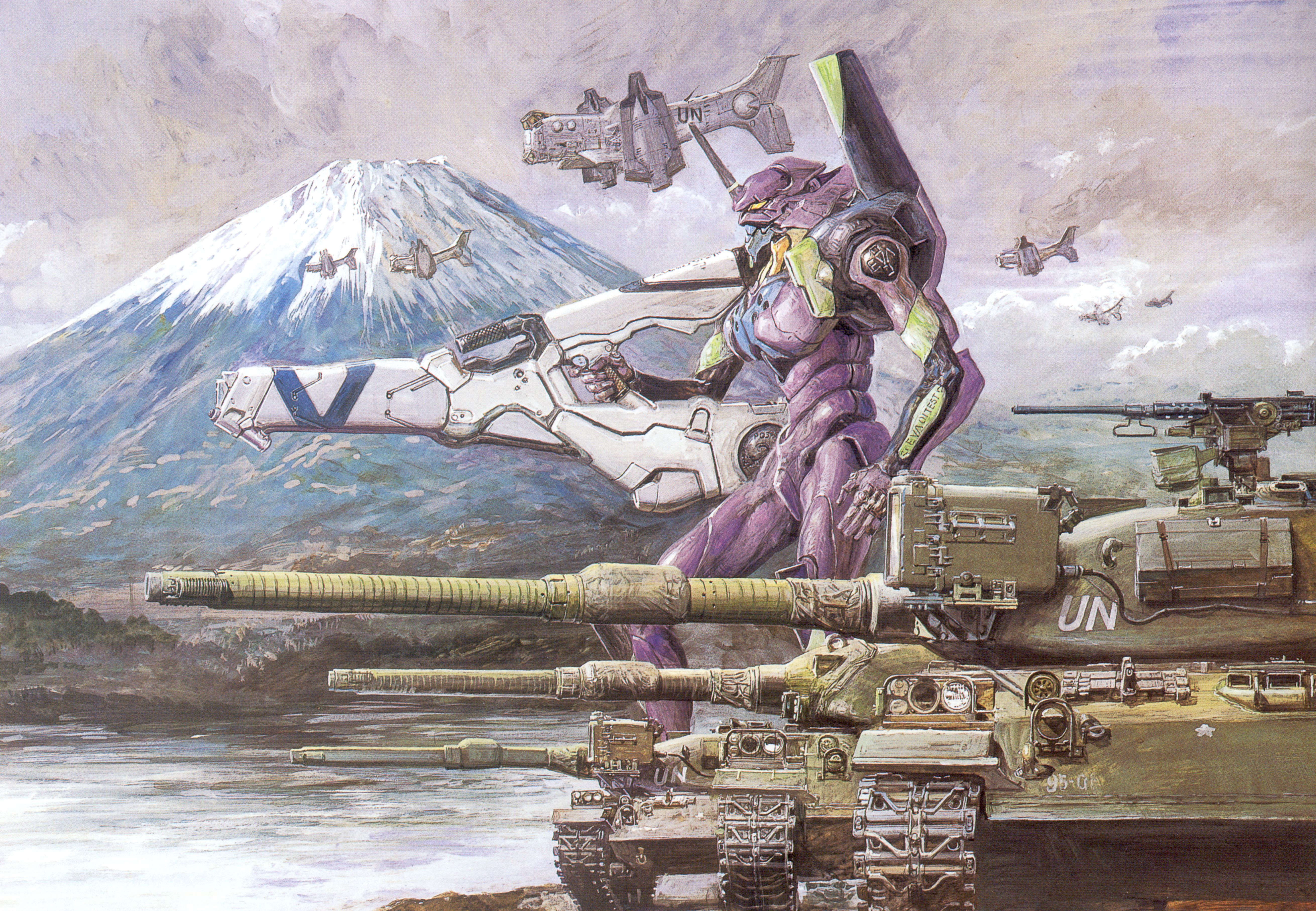 Anime 5241x3628 Neon Genesis Evangelion weapon EVA Unit 01 Mount Fuji anime mechs water gun military vehicle tank military aiming sky