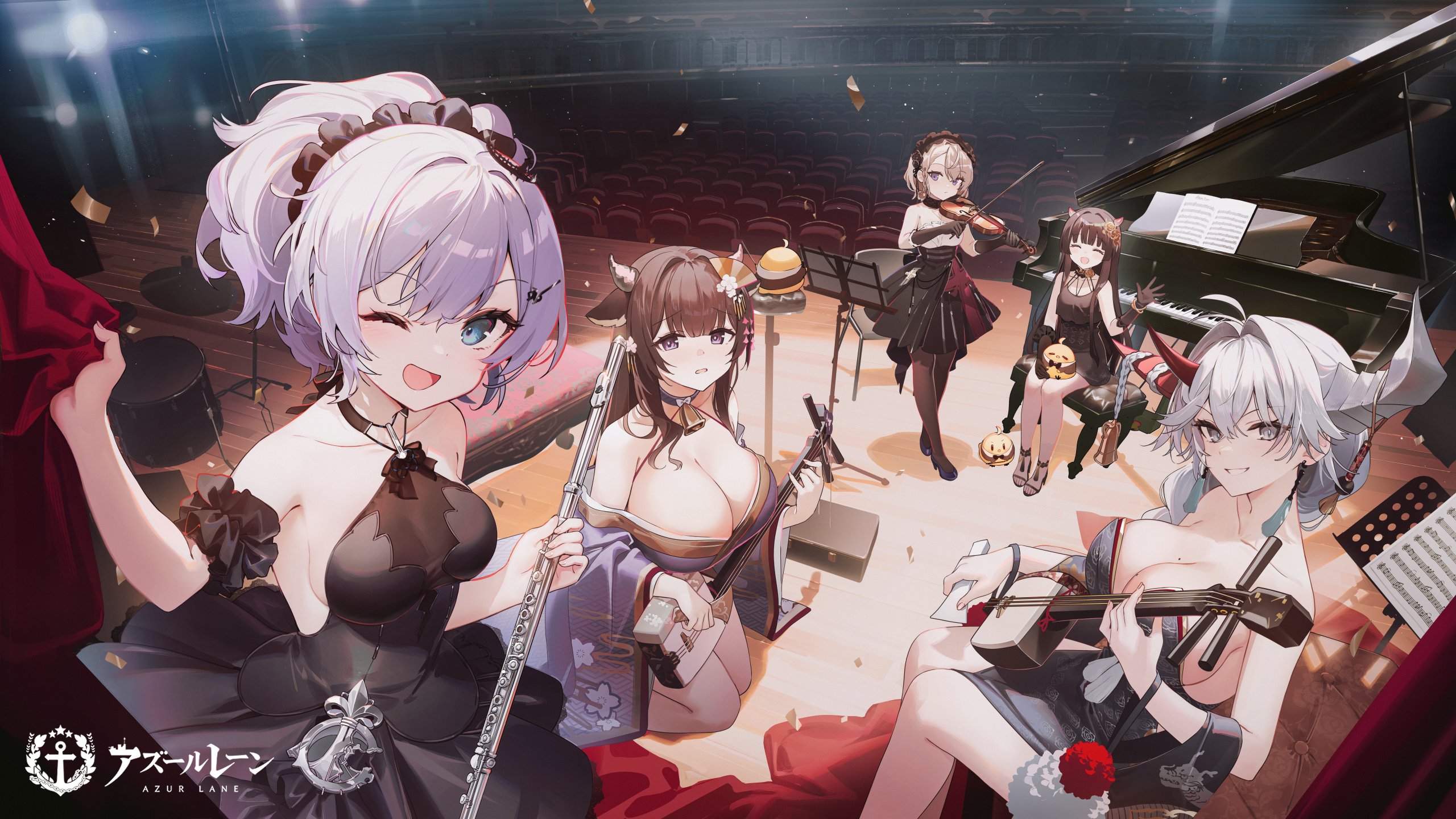 Anime 2560x1440 Azur Lane high angle Hakuryuu (Azur Lane) wink Javelin (Azur Lane) sitting Kashino (Azur Lane) moles Manjuu (Azur Lane) dress Sakawa (Azur Lane) gloves Z23 (Azur Lane) shamisen group of women horns big boobs huge breasts cleavage one eye closed sheet music open mouth musical instrument piano looking at viewer smiling hair ornament long hair mole on breast standing ponytail bare shoulders black pantyhose violin confetti women indoors waving black gloves Shnva anime girls Japanese title hair between eyes lights stages stage light