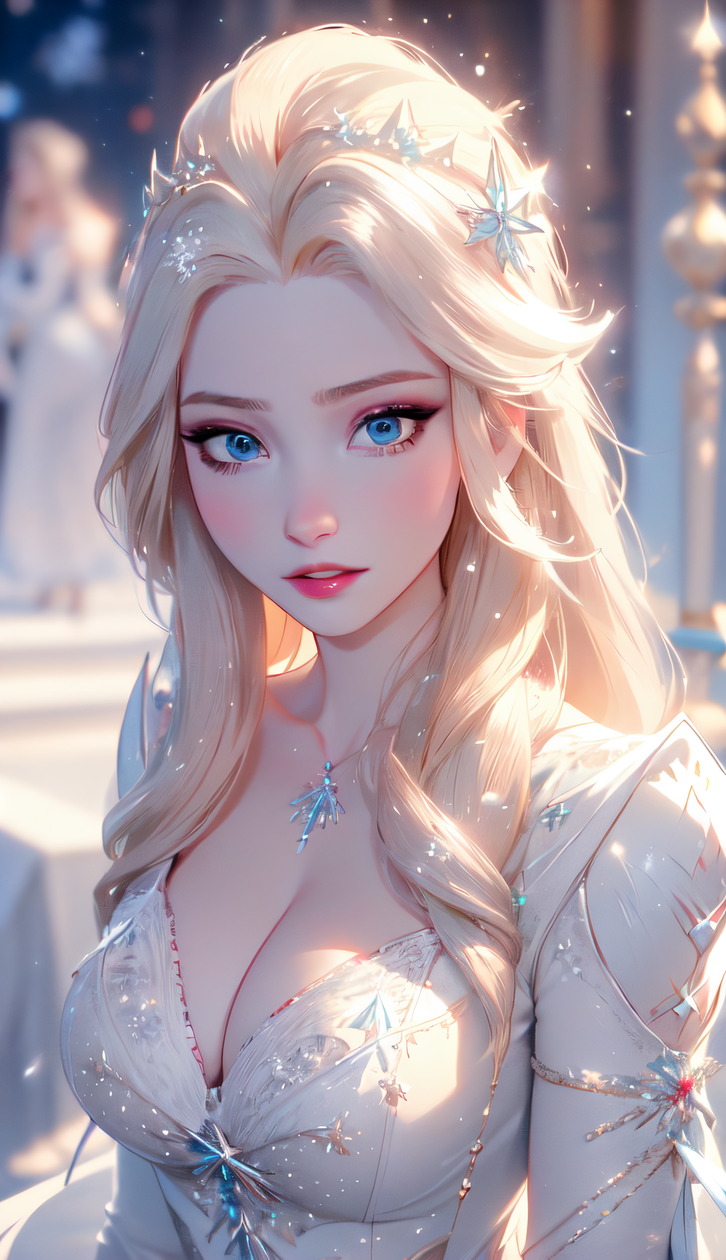 General 1024x1776 snow portrait display necklace pale women big boobs Frozen 2 Frozen (movie) Winter (aespa) AI art boobs looking at viewer cleavage digital art parted lips collarbone outdoors women outdoors long hair blue eyes blonde hair ornament blurred blurry background Disney princesses Disney