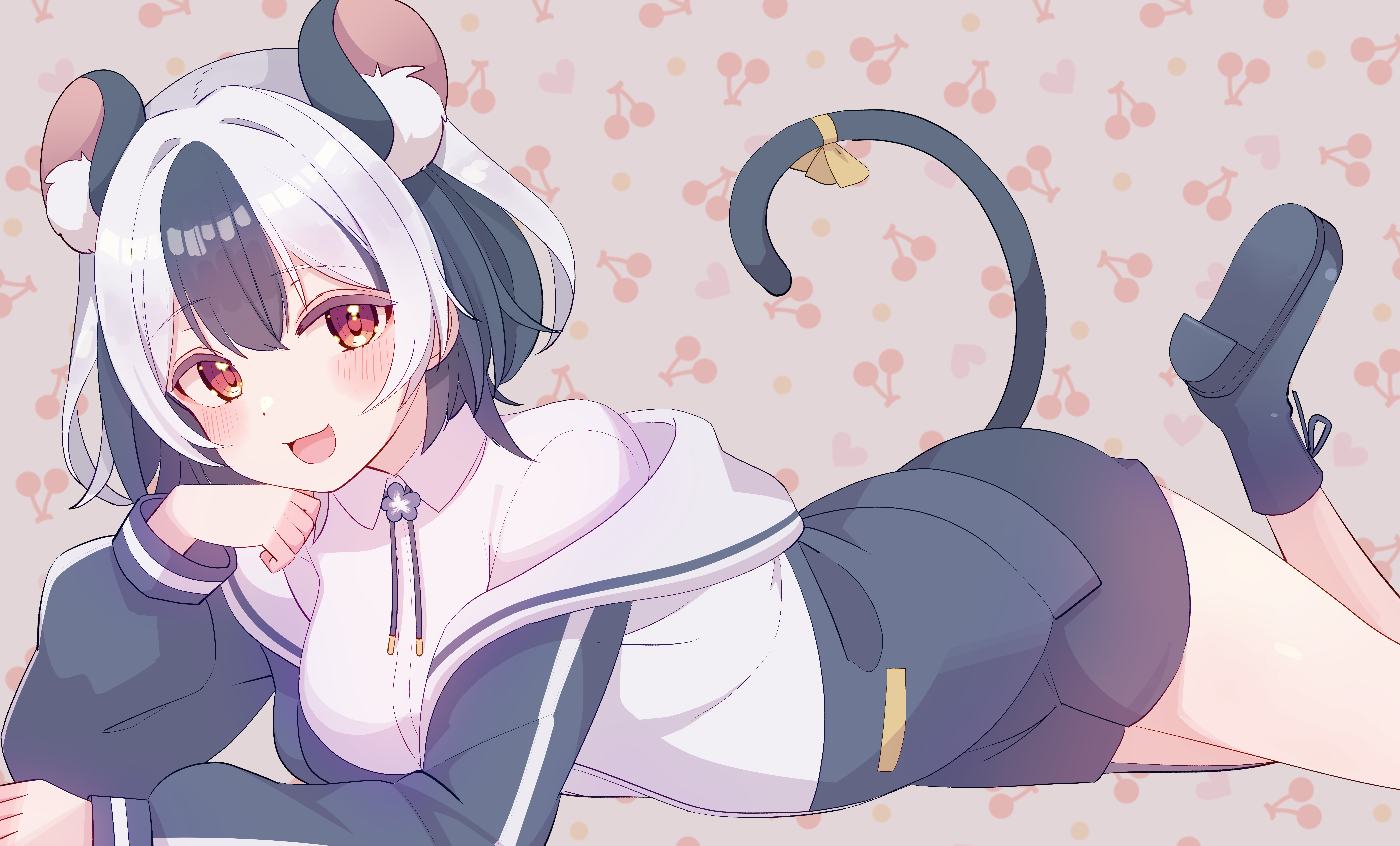 Anime 7015x4241 anime anime girls mouse girls mouse ears two tone hair blushing open mouth shoe sole looking at viewer tail hair between eyes jacket off shoulder short hair simple background boots Mitsuki Mahiro shorts Virtual Youtuber