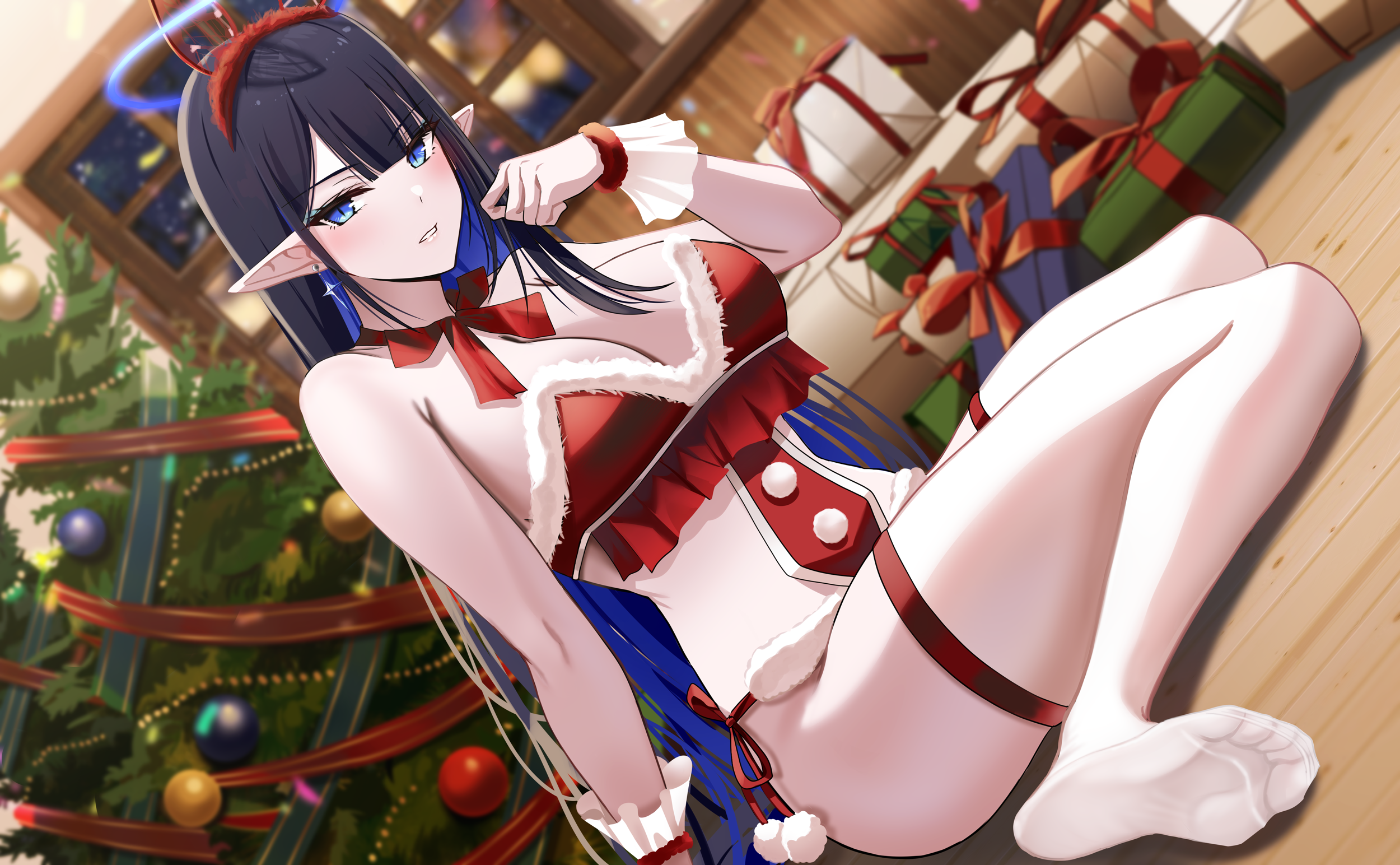 Anime 2500x1544 anime anime girls Nanagami Rin (Blue Archive) Blue Archive Nicky W pointy ears long hair cleavage big boobs indoors women indoors Christmas clothes floor Christmas tree on the floor Christmas presents bow tie looking at viewer bangs parted lips Christmas leg ring blushing ribbon toes earring blue hair two tone hair bent legs