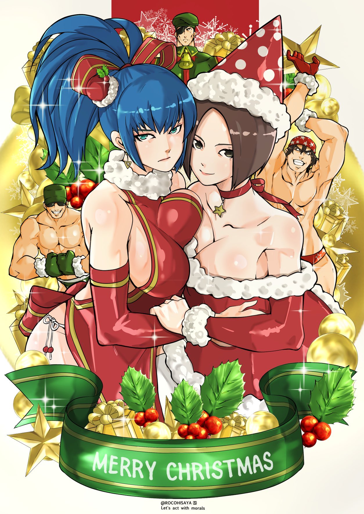 Anime 1254x1770 Ikari Warriors Christmas King of Fighters rocohisaya Leona Heidern Clark Steel Whip (SNK) Ralf Jones Heidern (Ikari Warriors) looking at viewer berets Christmas clothes gloves Christmas ornaments  hat portrait display big boobs boobs on boobs ponytail bare shoulders red dress Military Hat pressed boobs Christmas presents dress topless expressionless hugging elbow gloves red gloves Jingle Bell muscular sideboob watermarked choker two women cleavage mistletoe sparkles video game characters SNK presents