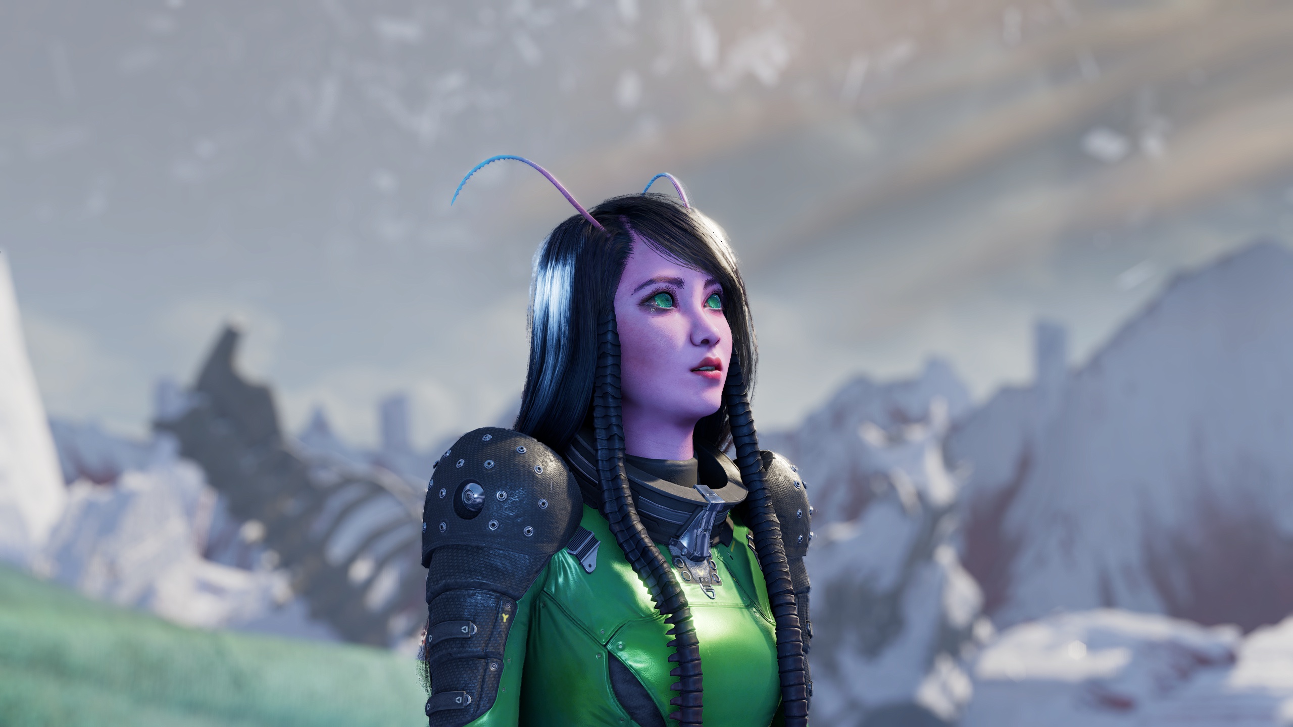 General 2560x1440 Guardians of the Galaxy (Game) Guardians of the Galaxy Mantis (Marvel) digital art video game characters CGI video game girls long hair video game art screen shot parted lips video games blurred blurry background looking away green eyes antenna