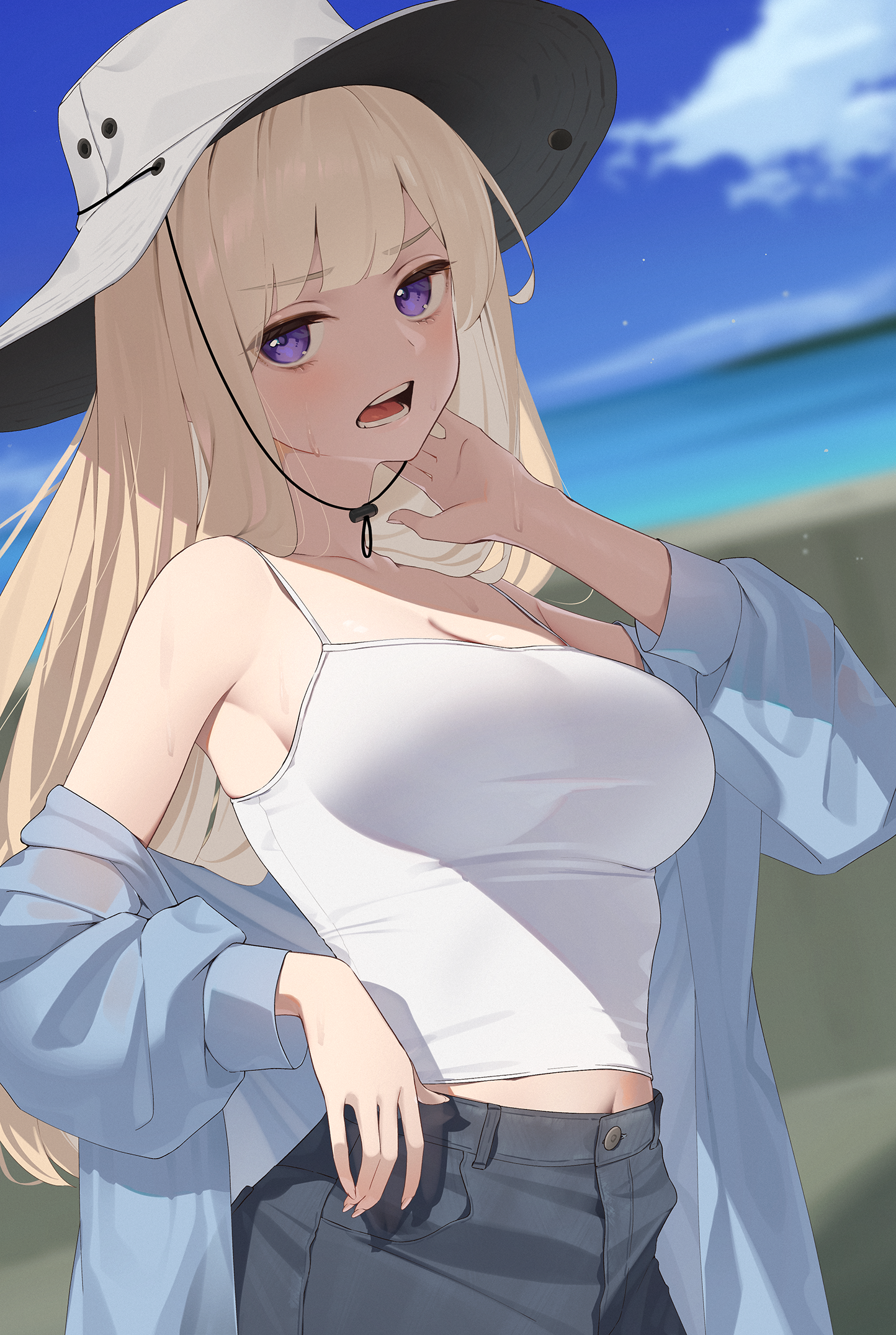 Anime 1444x2149 anime anime girls digital art artwork petite looking at viewer portrait portrait display belly belly button short shirt crop top open mouth long hair blonde purple eyes cleavage collarbone sky sun hats 2D kanpa (artist) off shoulder blurry background blurred big boobs camisole sea water clouds jacket blue jacket
