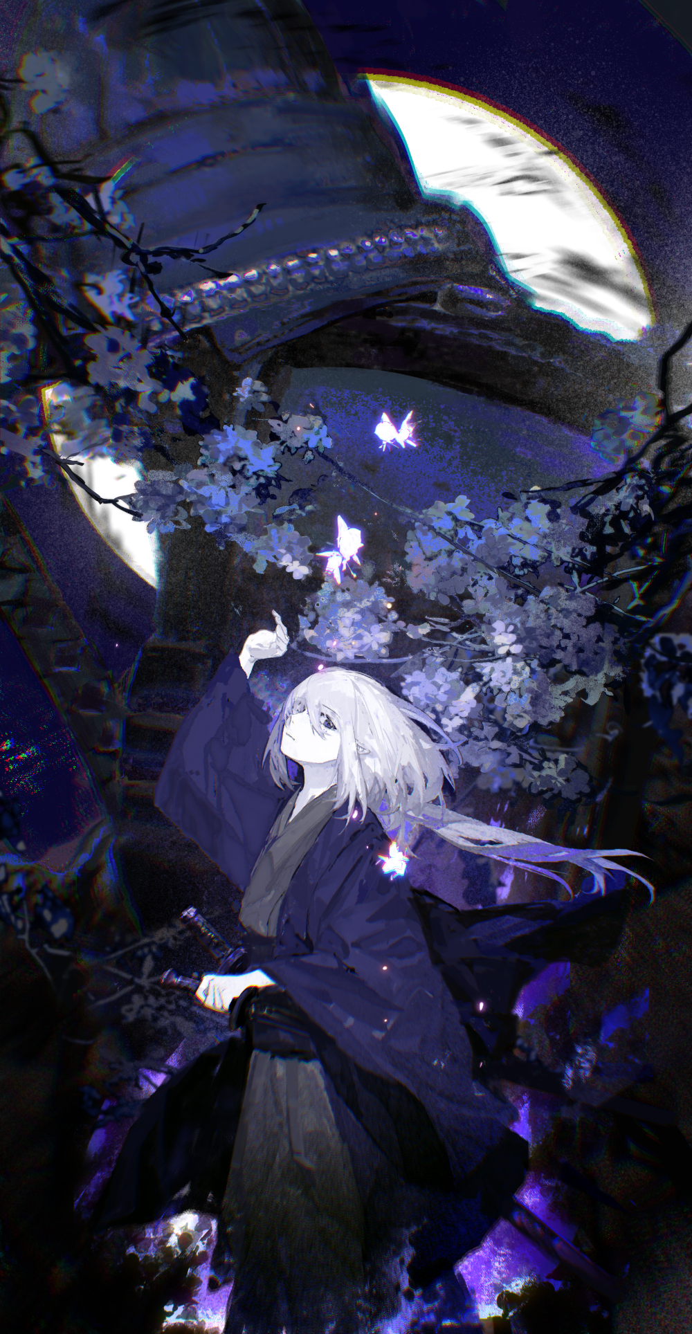 Anime 1000x1928 Lobelia anime anime girls long hair closed mouth white hair pointy ears kimono long sleeves wide sleeves looking at viewer standing Japanese clothes sash butterfly katana blue eyes hair between eyes night tentacles sky branch original characters