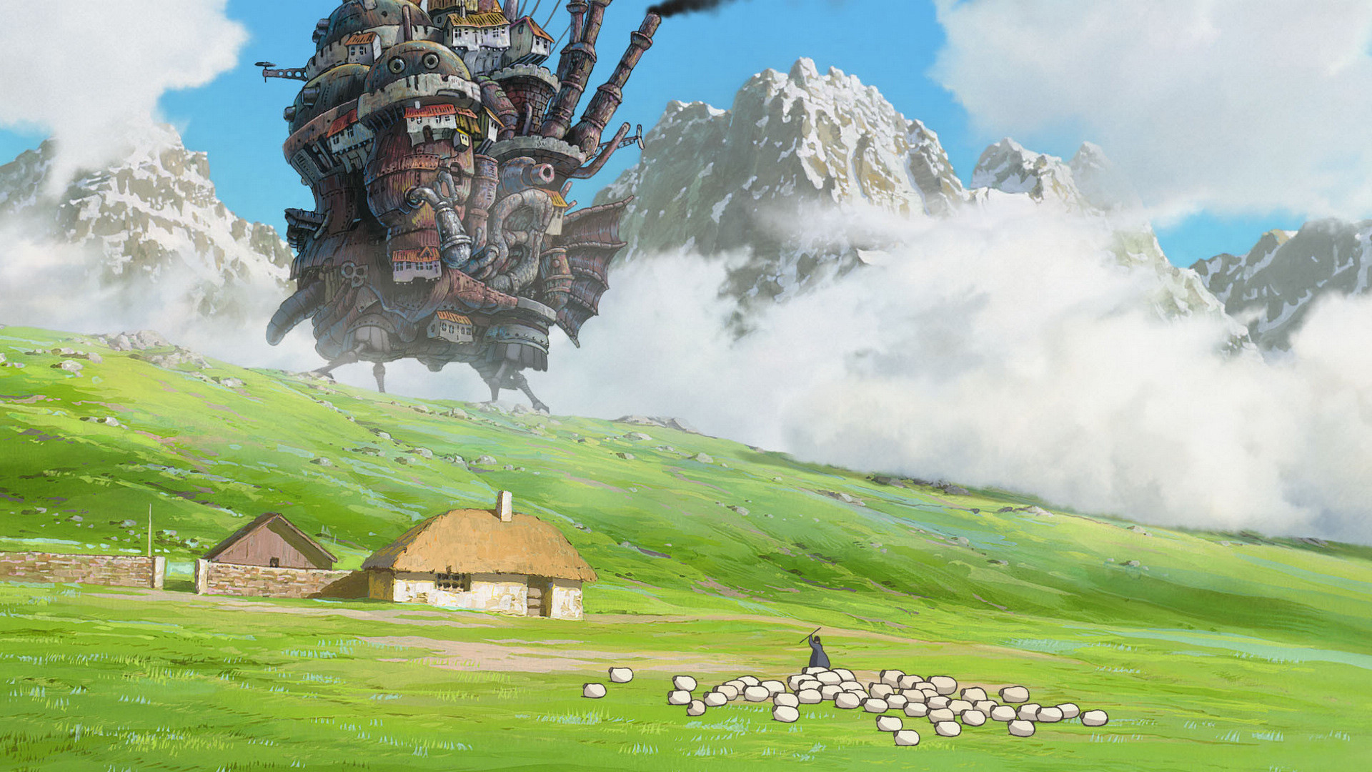 Anime 1920x1080 landscape clouds sky Howl's Moving Castle Studio Ghibli grass anime sheep house animals Anime screenshot mountains snow