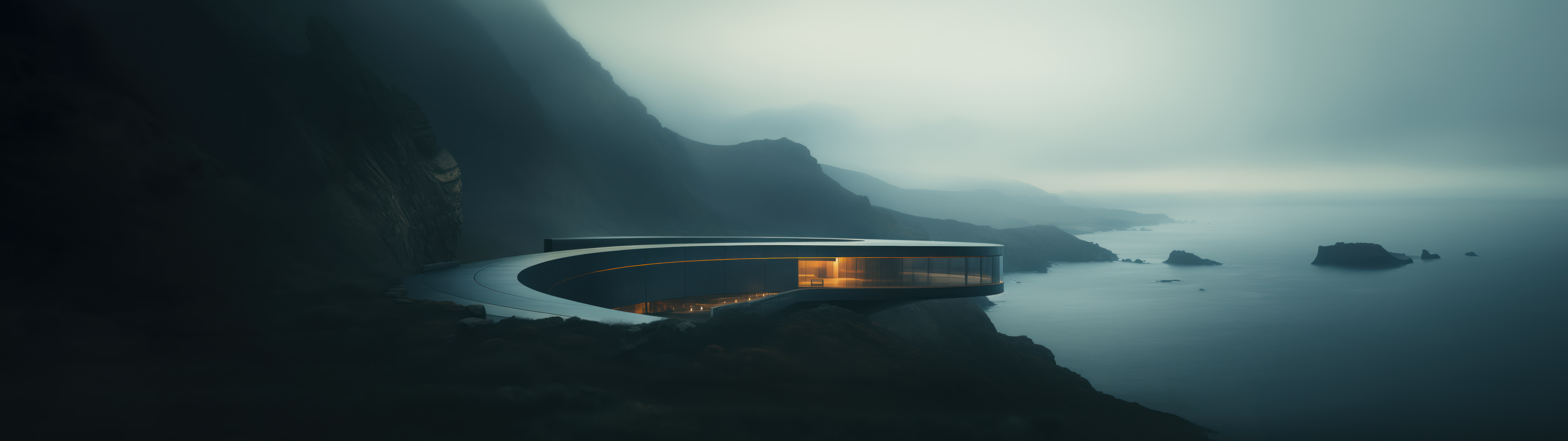 General 9718x2733 ultrawide architecture landscape AI art water house mist sea mountains