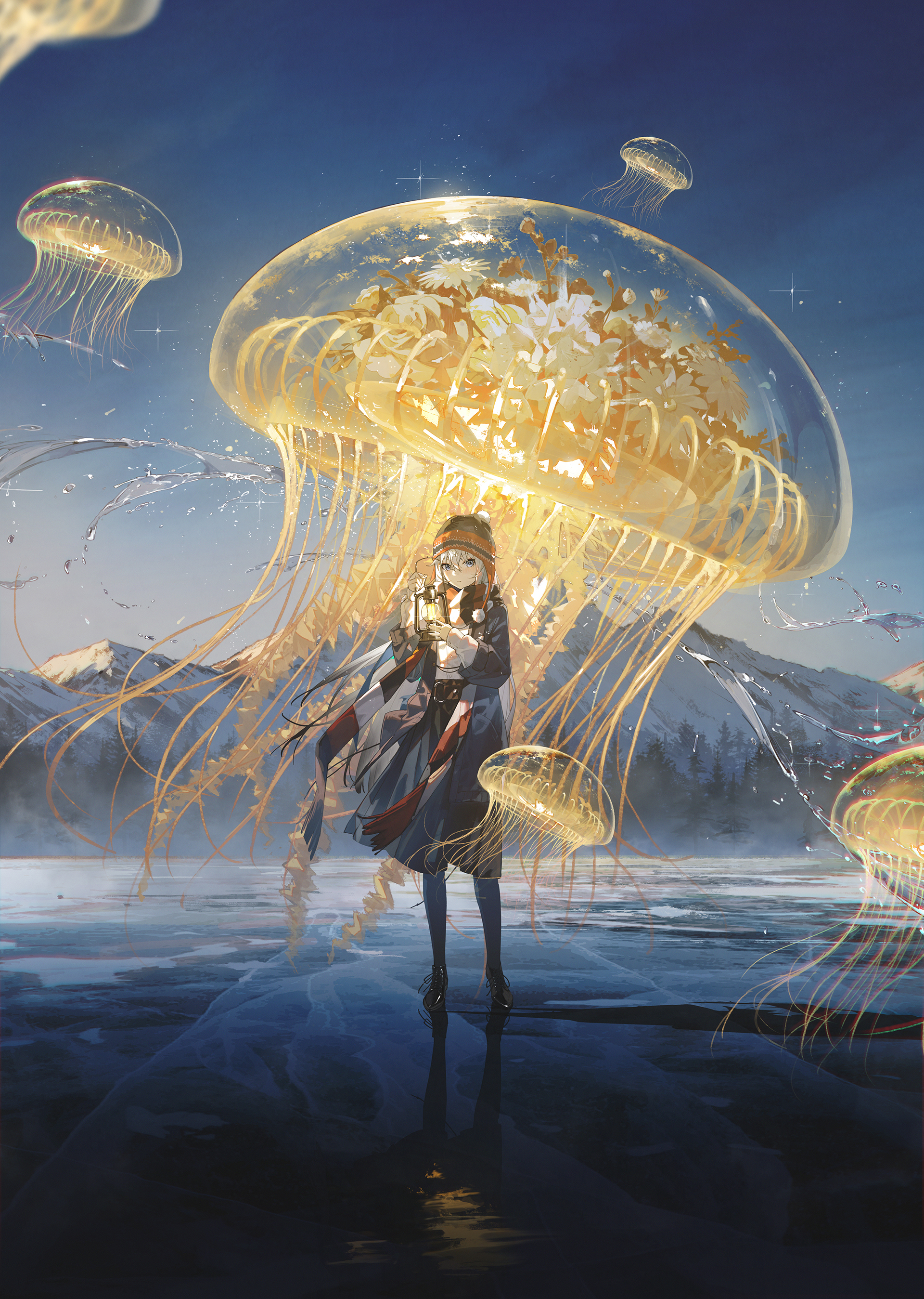 Anime 1920x2697 anime anime girls jellyfish portrait display looking at viewer standing reflection animals hat lantern scarf water stars wind mountains snow trees closed mouth white hair blue eyes snowy mountain sky