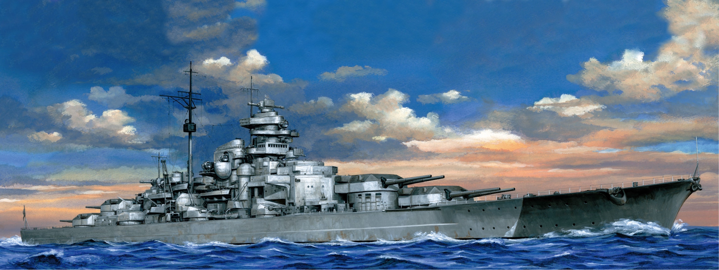 General 2292x863 warship sea sky digital art military military vehicle clouds water waves artwork Bismarck (ship)
