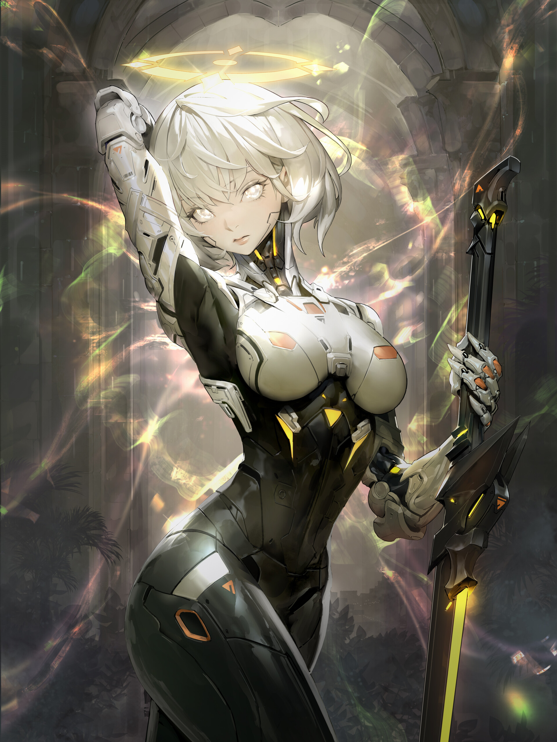 Anime 1920x2560 WonJo Jung drawing silver hair androids weapon fantasy art hair between eyes skinny short hair closed mouth sword women with swords looking at viewer standing one arm up armpits leaves