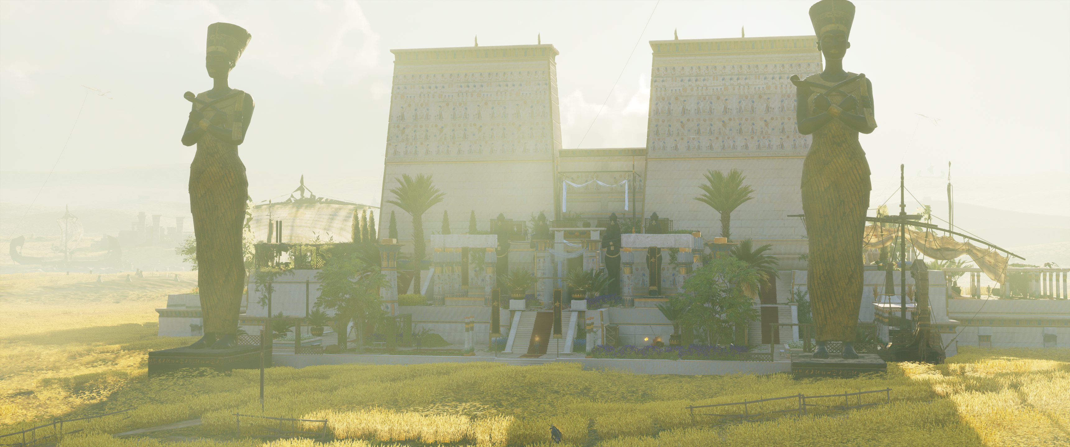 General 3440x1440 Assassin's Creed: Origins Assassin's Creed Bayek Ubisoft digital art overexposed video games video game art screen shot statue stairs sky sunlight trees CGI flowers shadow boat landscape