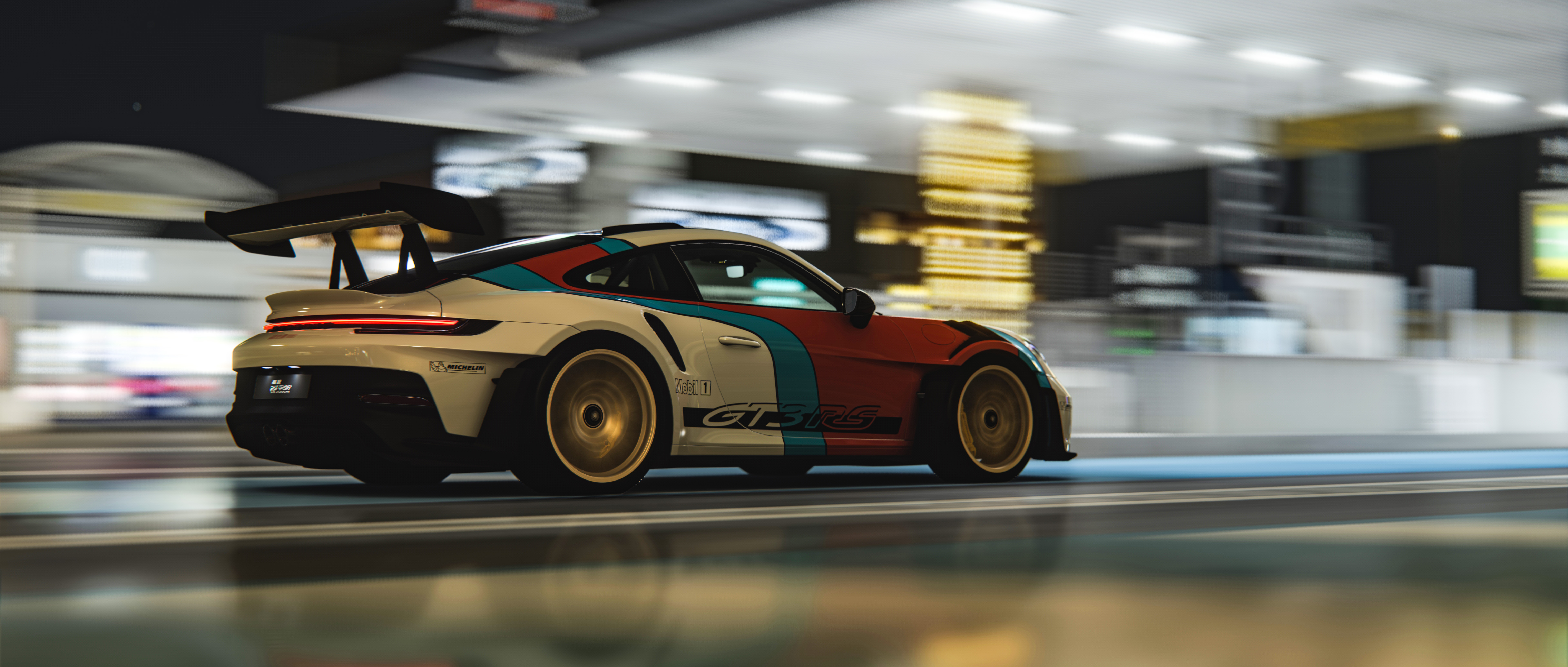 General 7680x3269 Porsche 911 gt3rs car PC gaming Assetto Corsa CGI wheels vehicle reflection digital art video game art screen shot video games taillights side view ceiling lights motion blur blurred