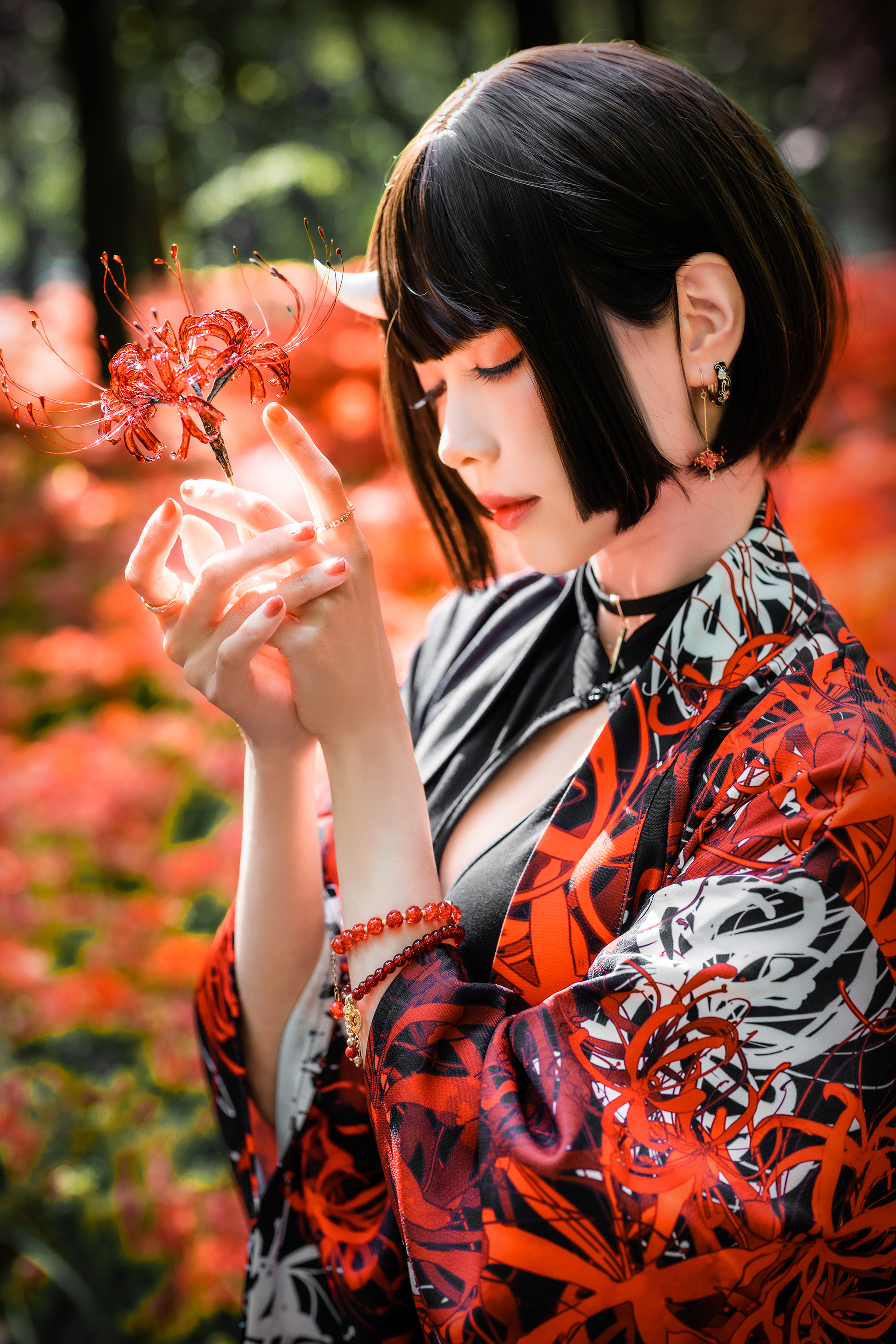 People 2048x3070 Ely Asian Higanbana spider lilies flowers horns bokeh kimono forest closed eyes earring bracelets rings