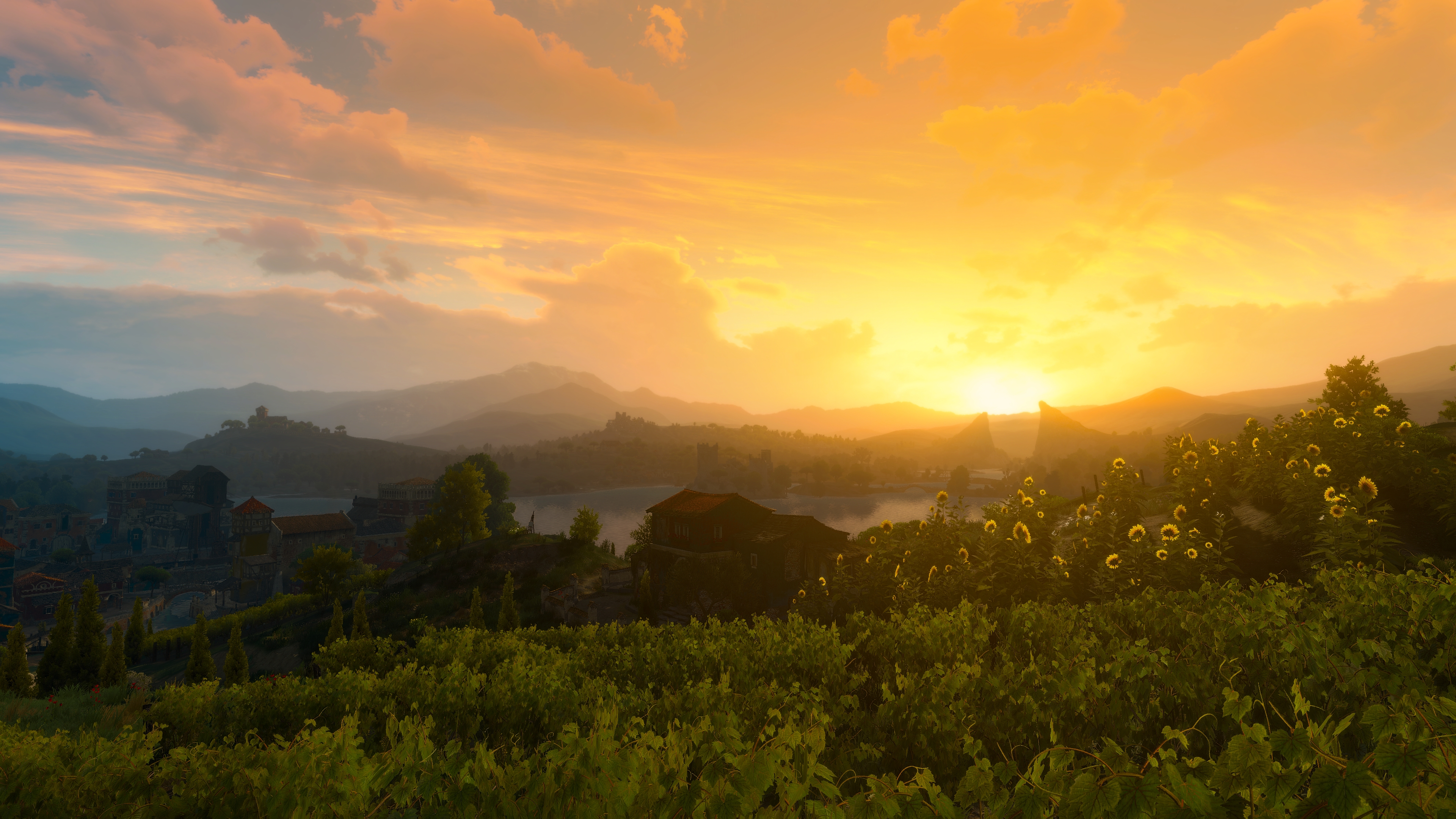 General 3840x2160 The Witcher 3: Wild Hunt screen shot PC gaming The Witcher video games video game art digital art sunset sunset glow grass trees water sky clouds Sun sunlight sunflowers mountains nature CGI landscape