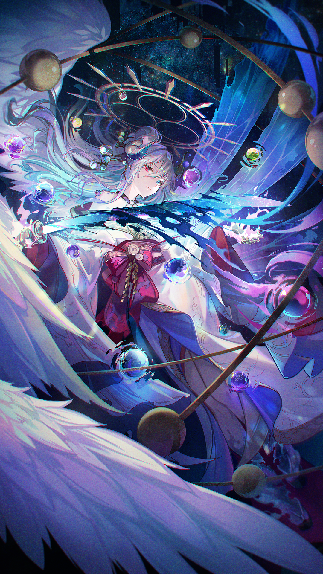 Anime 1080x1920 anime anime girls portrait display wings kyusoukyu heterochromia hair between eyes kimono sword women with swords closed mouth long hair Japanese clothes gray hair sky stars feathers horns starred sky bare shoulders orb