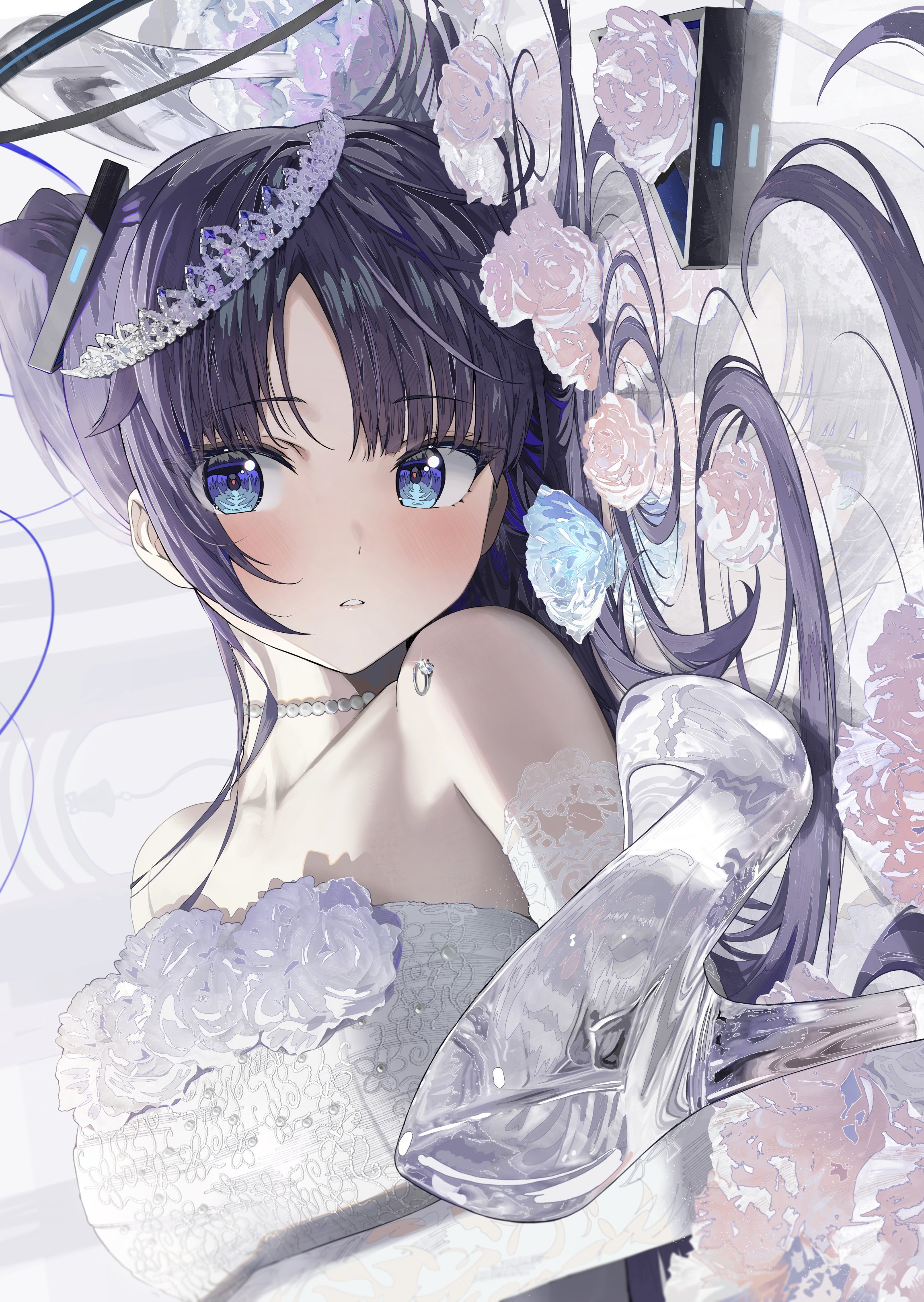 Anime 2298x3239 anime anime girls Blue Archive Hayase Yuuka Hidulume portrait display lying down lying on back hair spread out blue eyes purple eyes parted lips bare shoulders blushing flowers pearl necklace necklace looking at viewer wedding dress white dress collarbone long hair transparency high heels