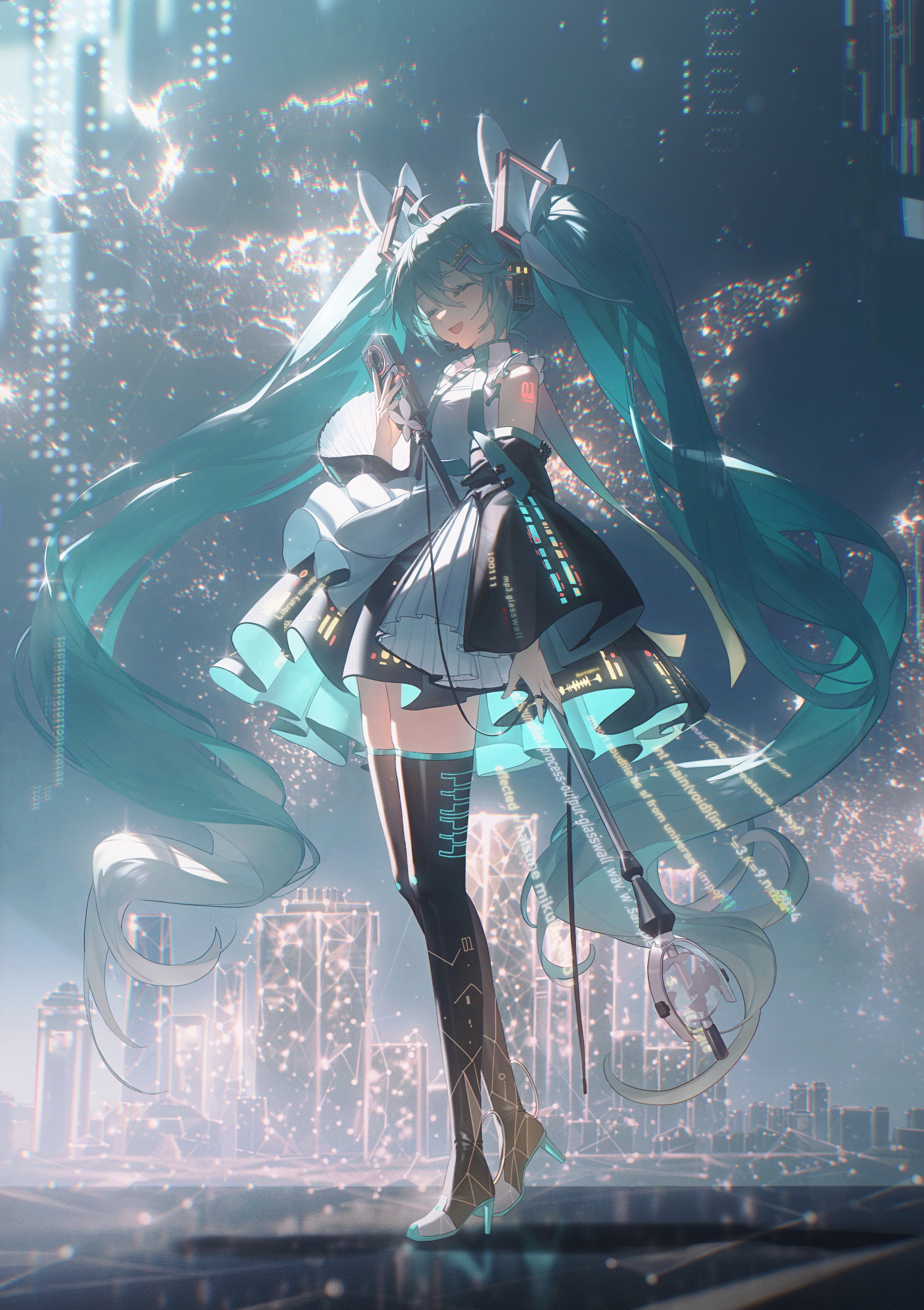 Anime 3343x4737 anime anime girls Hatsune Miku Vocaloid KonYa666 closed eyes hair between eyes standing detached sleeves long hair bare shoulders blue hair microphone thigh-highs collared shirt wide sleeves cityscape building singing open mouth necktie twintails city heels frills headphones city lights hair ornament tie portrait display skirt