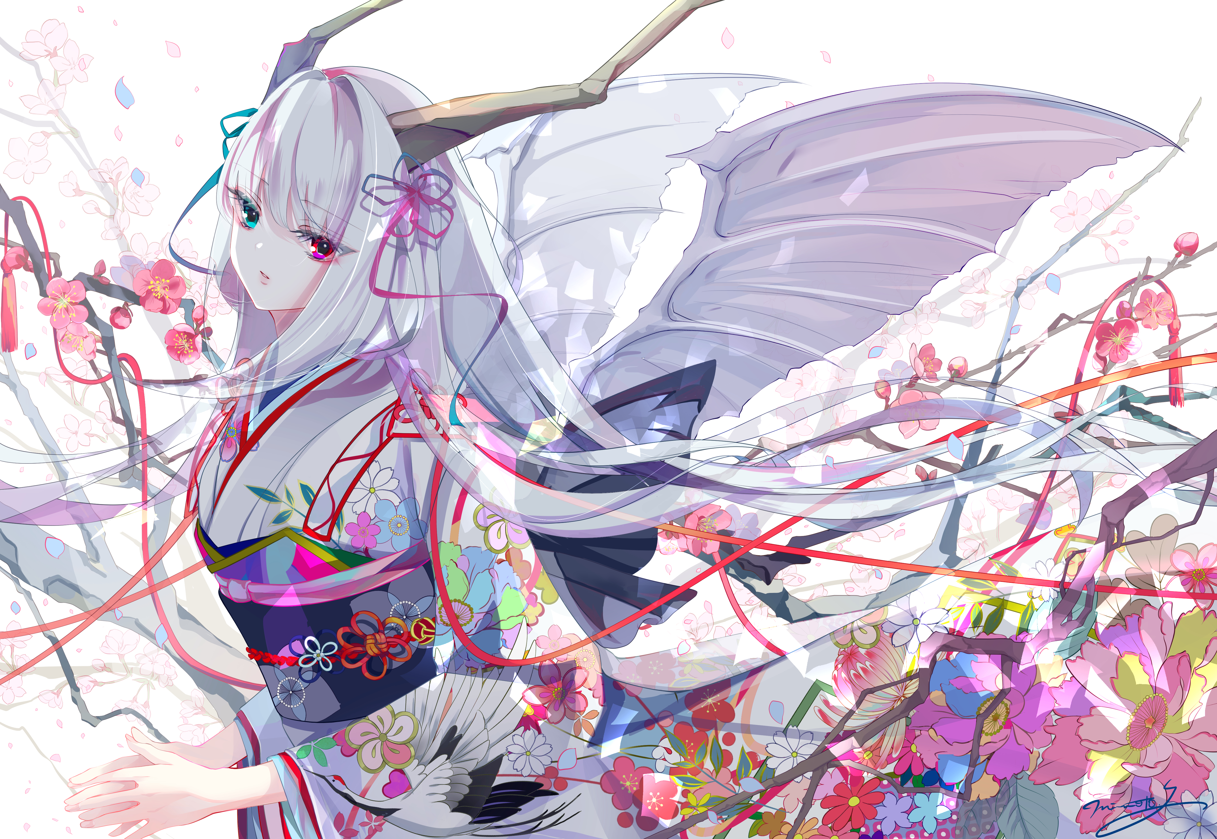 Anime 5000x3447 anime anime girls horns white background mimoto_s heterochromia looking at viewer long hair kimono long sleeves hair between eyes floral signature wide sleeves wings parted lips branch hair ornament flowers Japanese clothes petals