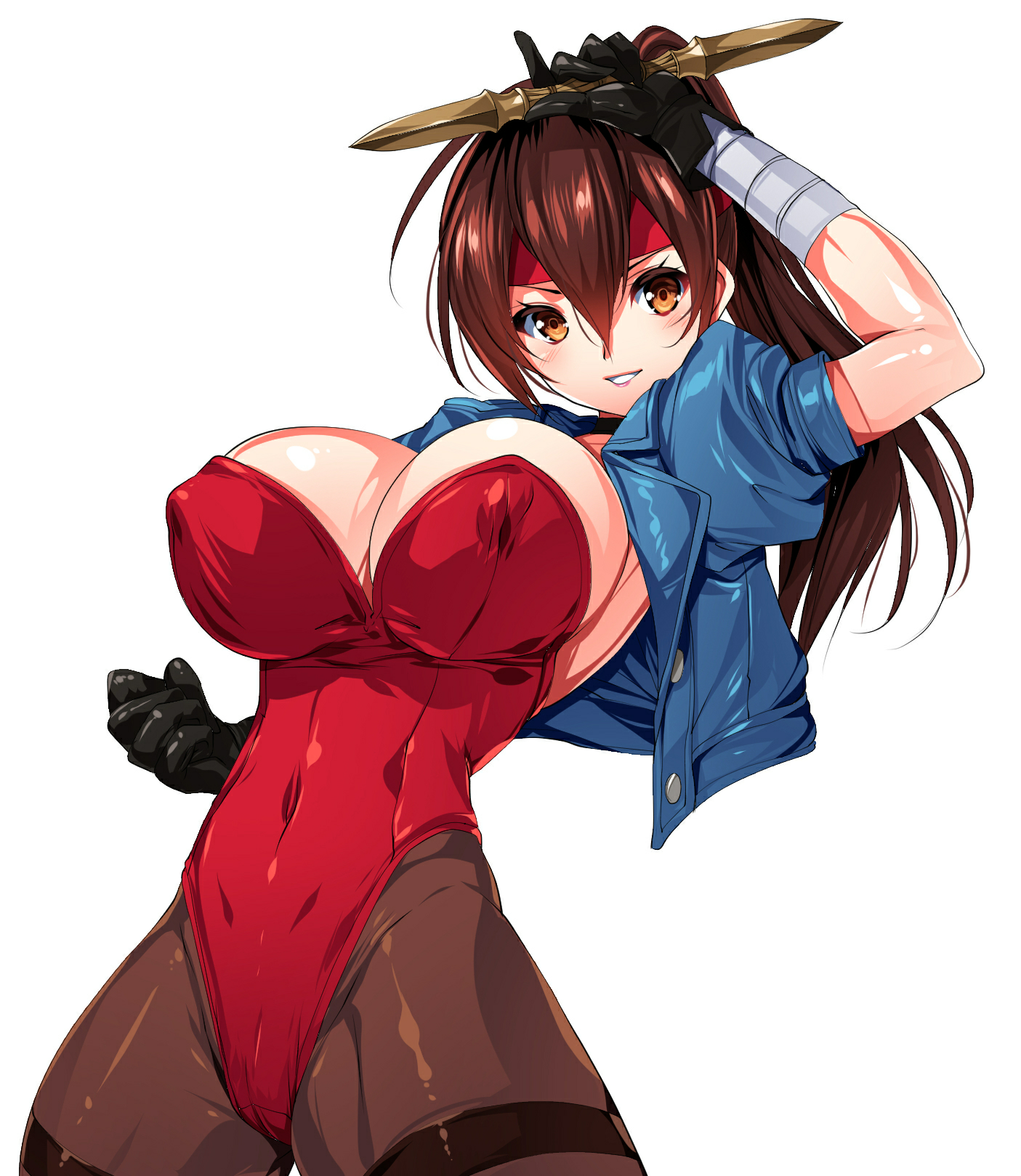 Anime 1405x1619 Breakers Smash Daisaku portrait display weapon Tia Langray blue jacket looking at viewer gloves huge breasts red leotard black pantyhose ponytail brunette fighting stance simple background leotard white background jacket open jacket leather jacket retro games retro style hard nipples long hair pantyhose headband brown eyes smiling cleavage thick thigh one arm up bandages
