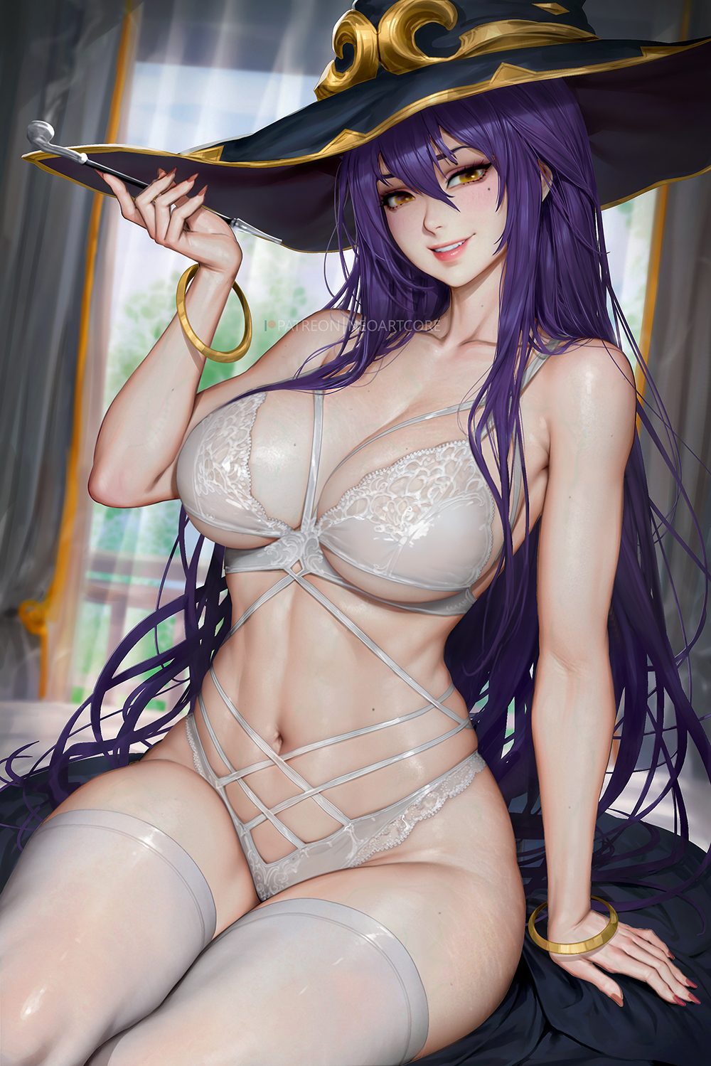 Anime 1000x1499 Goblin Slayer witch hat panties white underwear white panties underwear white bra white lingerie Witch (Goblin Slayer) bra NeoArtCorE (artist) thighs stockings white stockings looking at viewer sitting yellow eyes smoking pipe women indoors window watermarked purple hair gold bracelet arm support mole under eye smiling long hair huge breasts cleavage nail polish