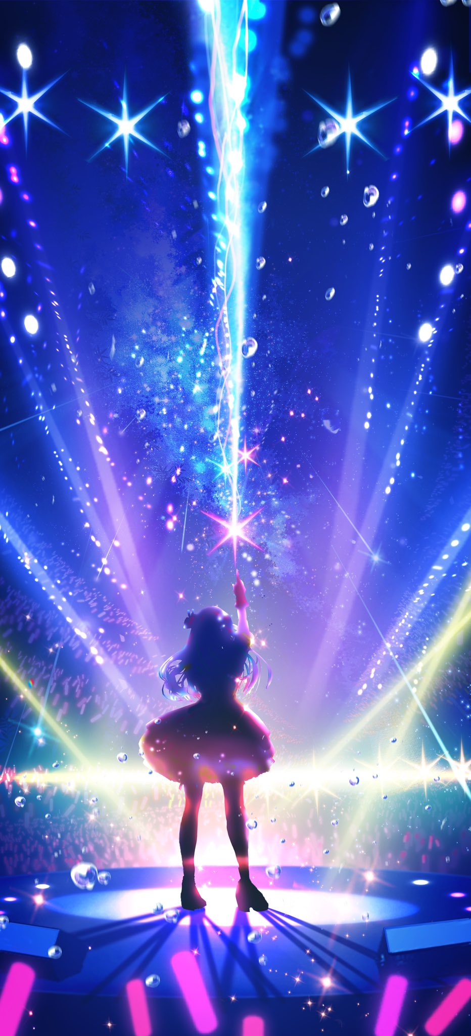 Anime 932x2048 Oshi no Ko anime girls portrait display sparkles finger pointing concerts Hoshino Ai water drops makoron117 rear view audience starry night starred sky standing Idol neon sky one arm up silhouette lights stars night