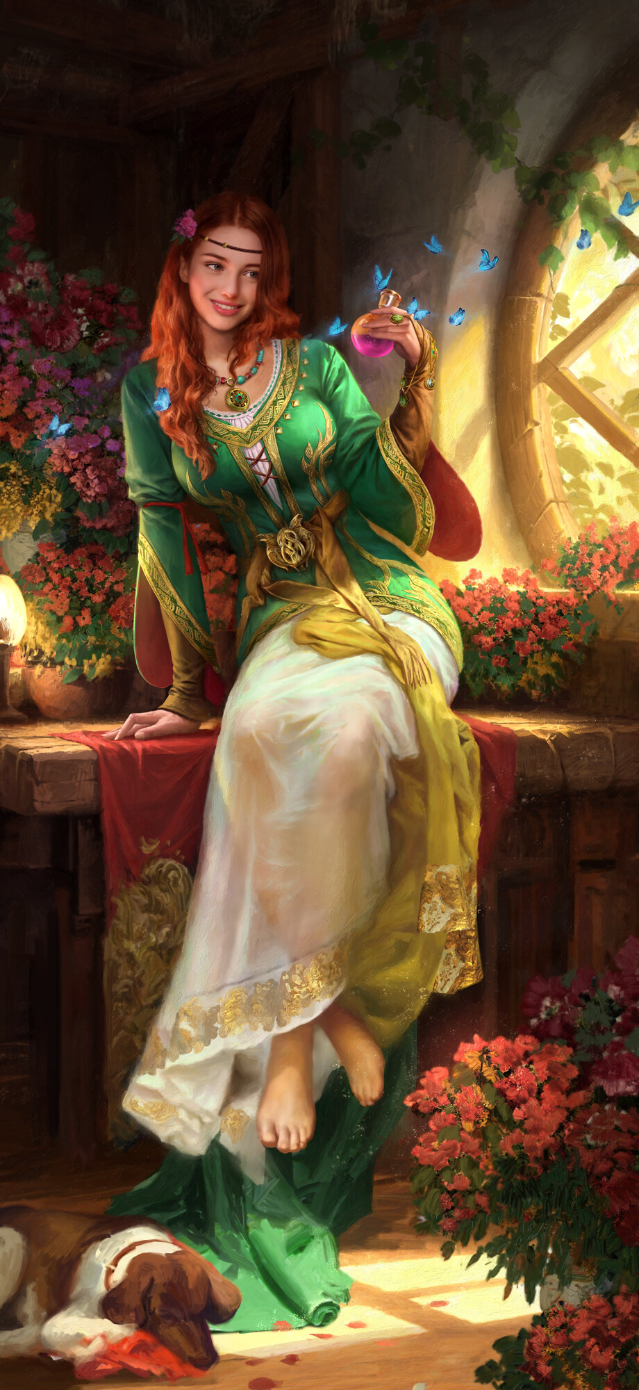 General 920x2000 Wild Deer drawing women redhead green clothing potions flowers digital art portrait display sitting indoors women indoors long hair butterfly sunlight barefoot dress flower in hair wavy hair insect