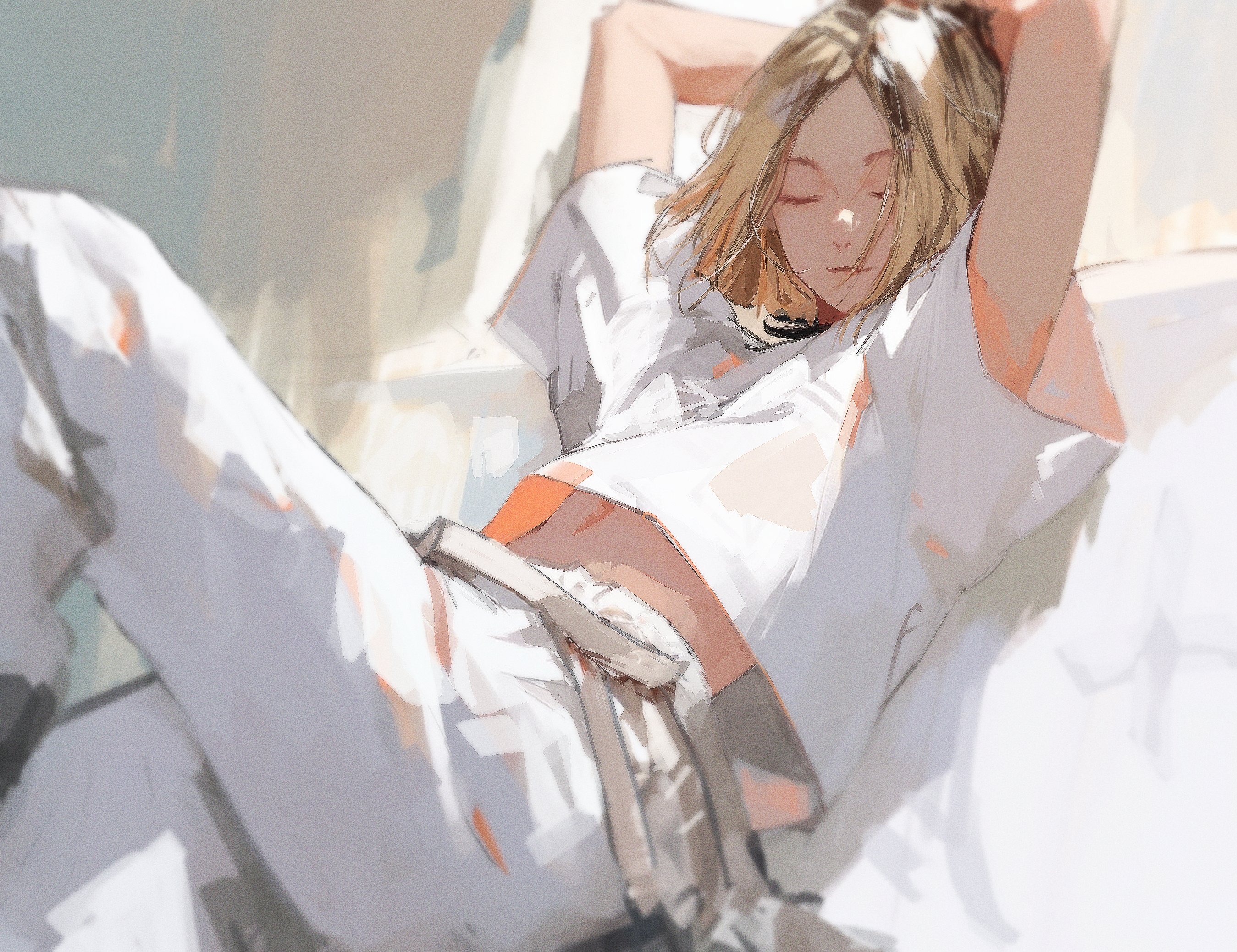 Anime 2698x2076 96yottea anime anime boys closed eyes short hair short sleeves closed mouth white shirt Haikyuu!! Kozume Kenma lying down lying on back two tone hair belly button white clothing white  pants arm(s) behind head belt arms up sitting wall