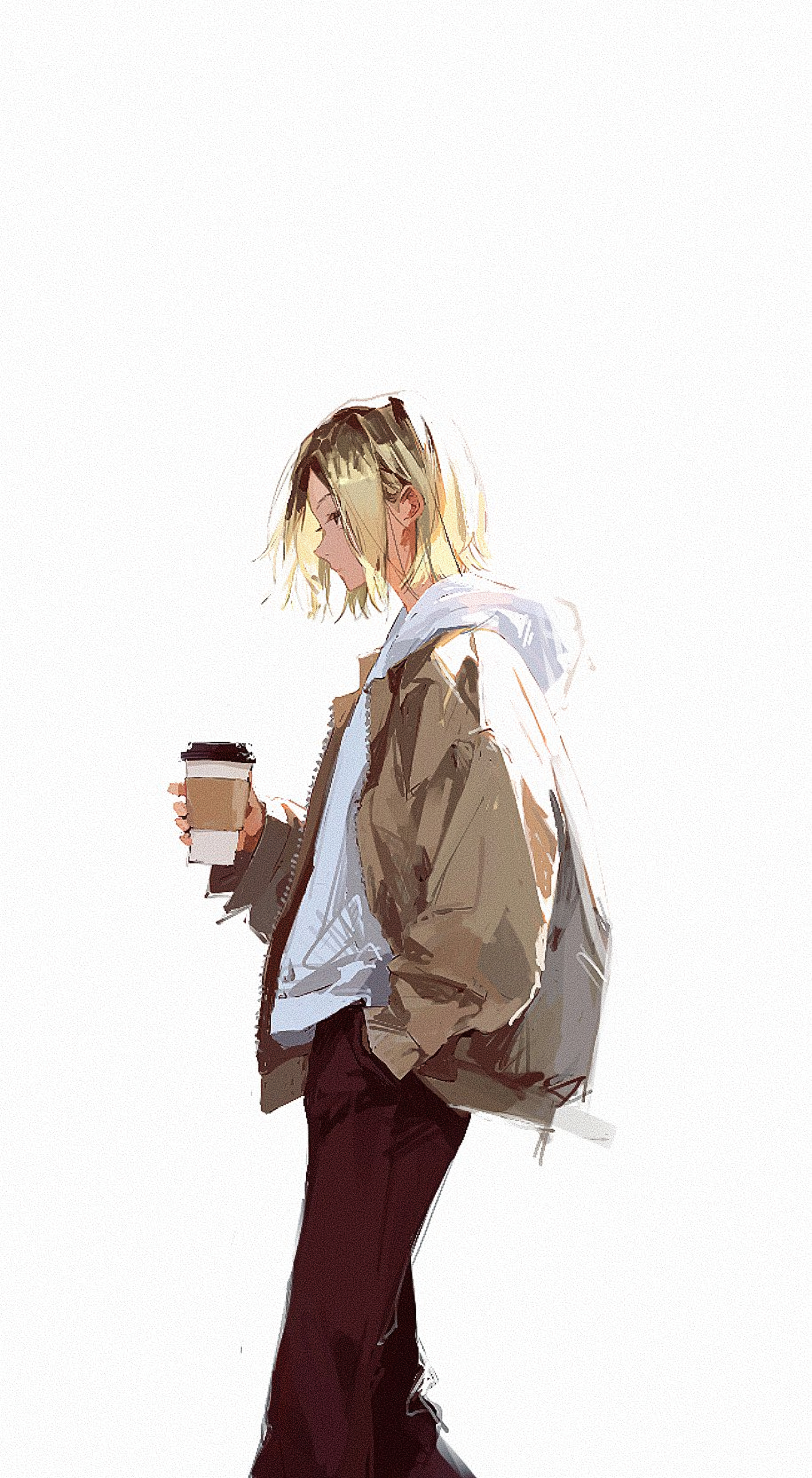 Anime 1830x3330 96yottea anime boys simple background anime white background standing Haikyuu!! Kozume Kenma portrait display jacket open jacket long sleeves hands in pockets drink coffee side view bright short hair blonde