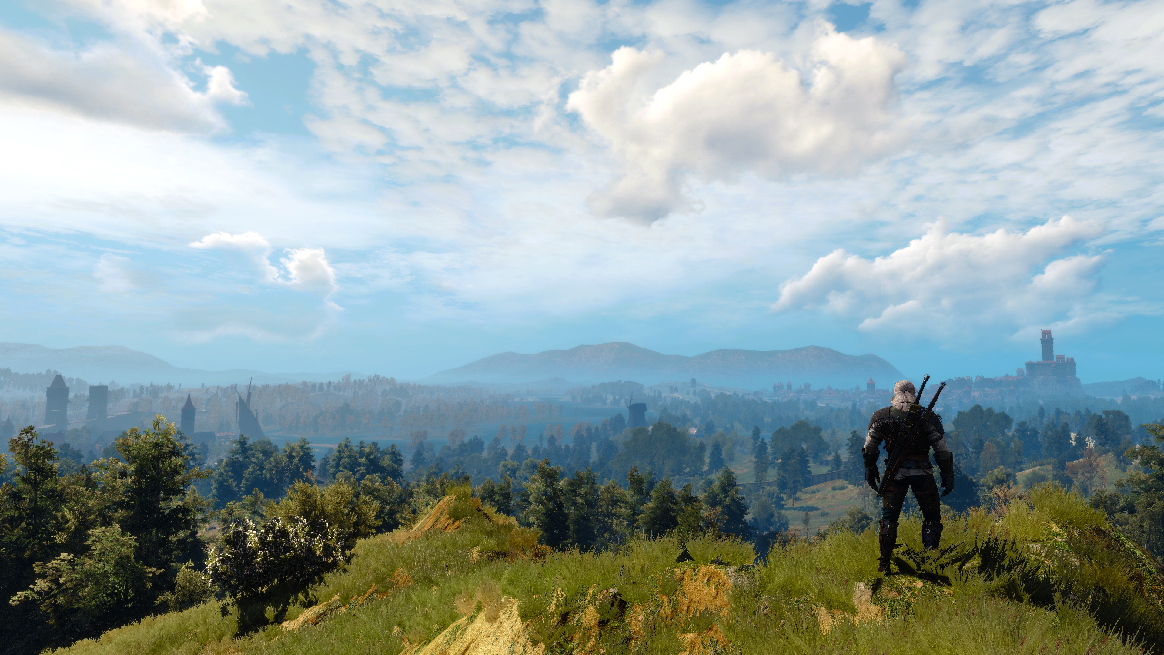 General 3840x2160 The Witcher 3: Wild Hunt screen shot Geralt of Rivia video game art clouds video games nature video game characters CGI video game men standing sword men with swords landscape white hair trees sky grass