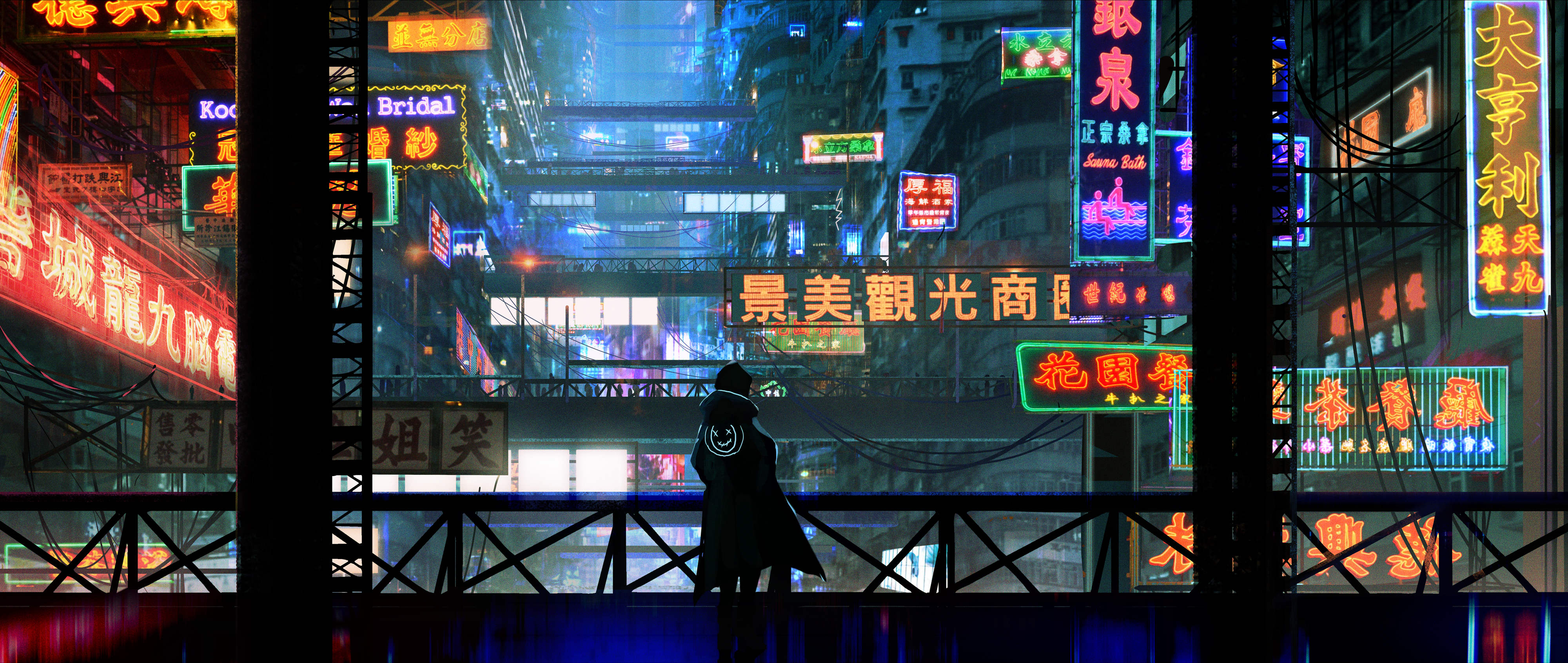 General 4000x1691 digital art artwork illustration billboards neon neon sign futuristic cyberpunk bridge architecture building Hong Kong