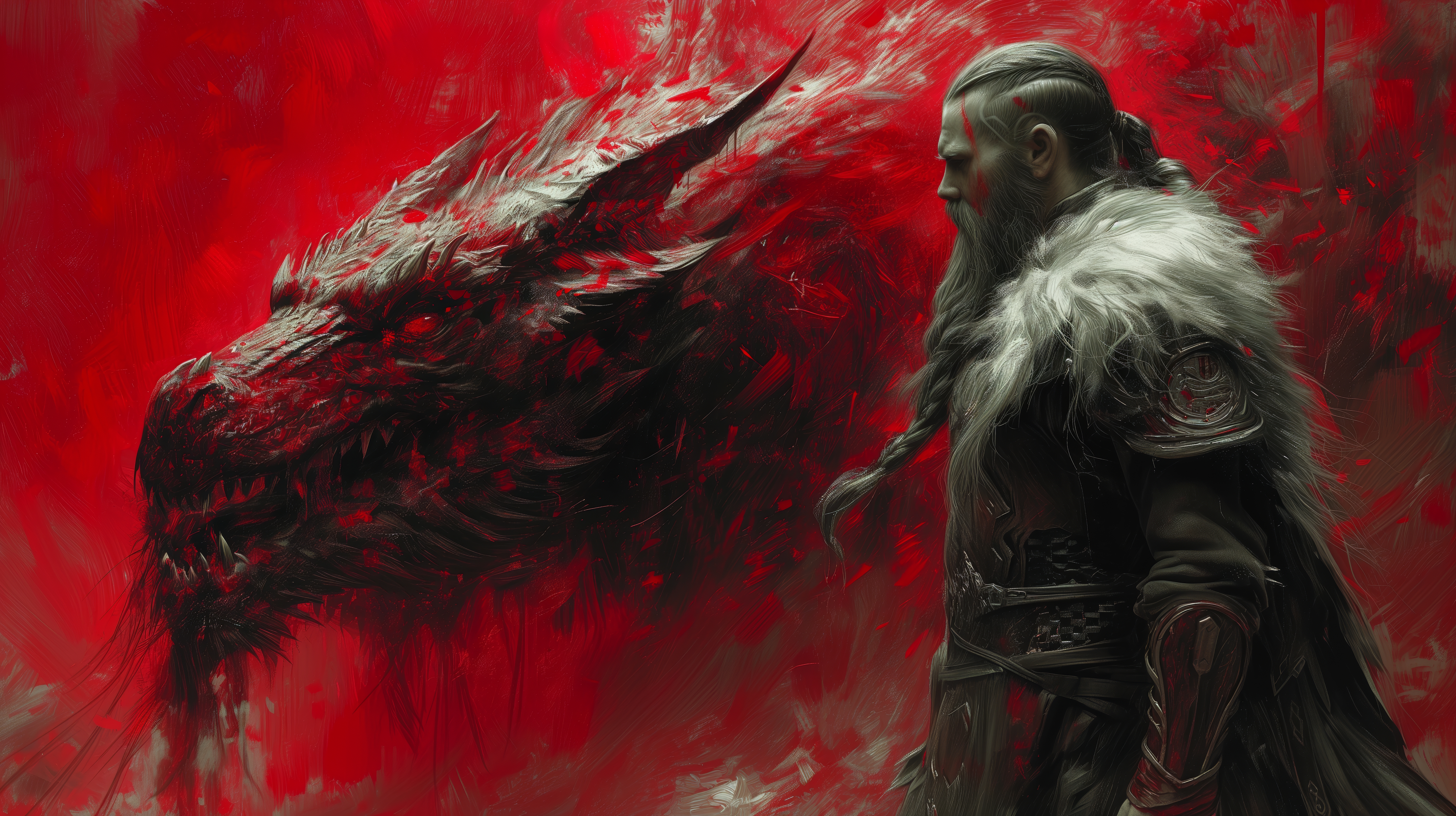 General 5824x3264 AI art illustration painting dragon barbarian blood creature beard fur cape armor men warrior