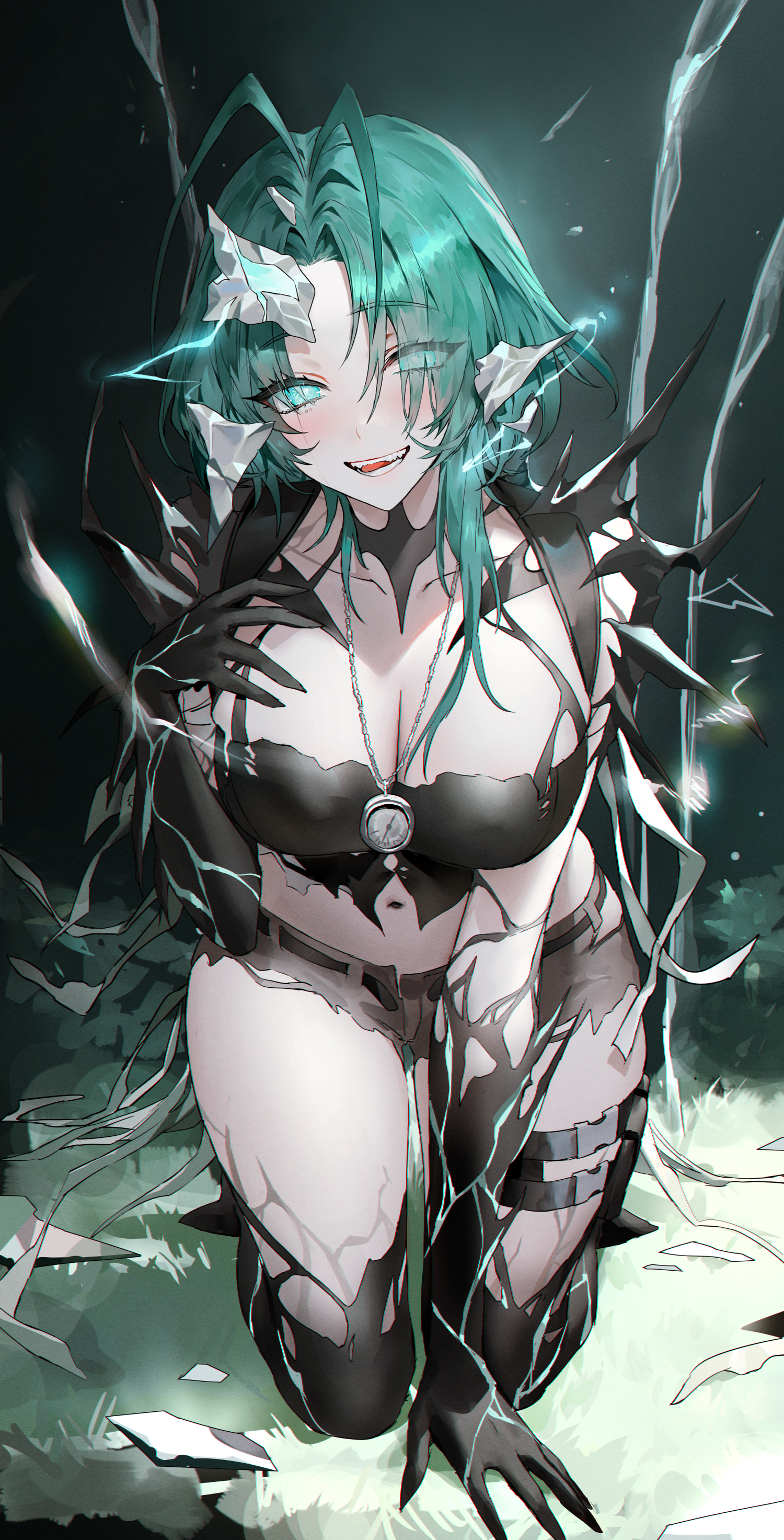 Anime 1500x2945 anime anime girls portrait display smiling Path to Nowhere kneeling Mantis (Path to Nowhere) Modanyang green hair green eyes long hair hair over one eye cleavage big boobs hand(s) on chest torn clothes gloves black gloves blushing skimpy clothes necklace clocks looking at viewer open mouth belly button