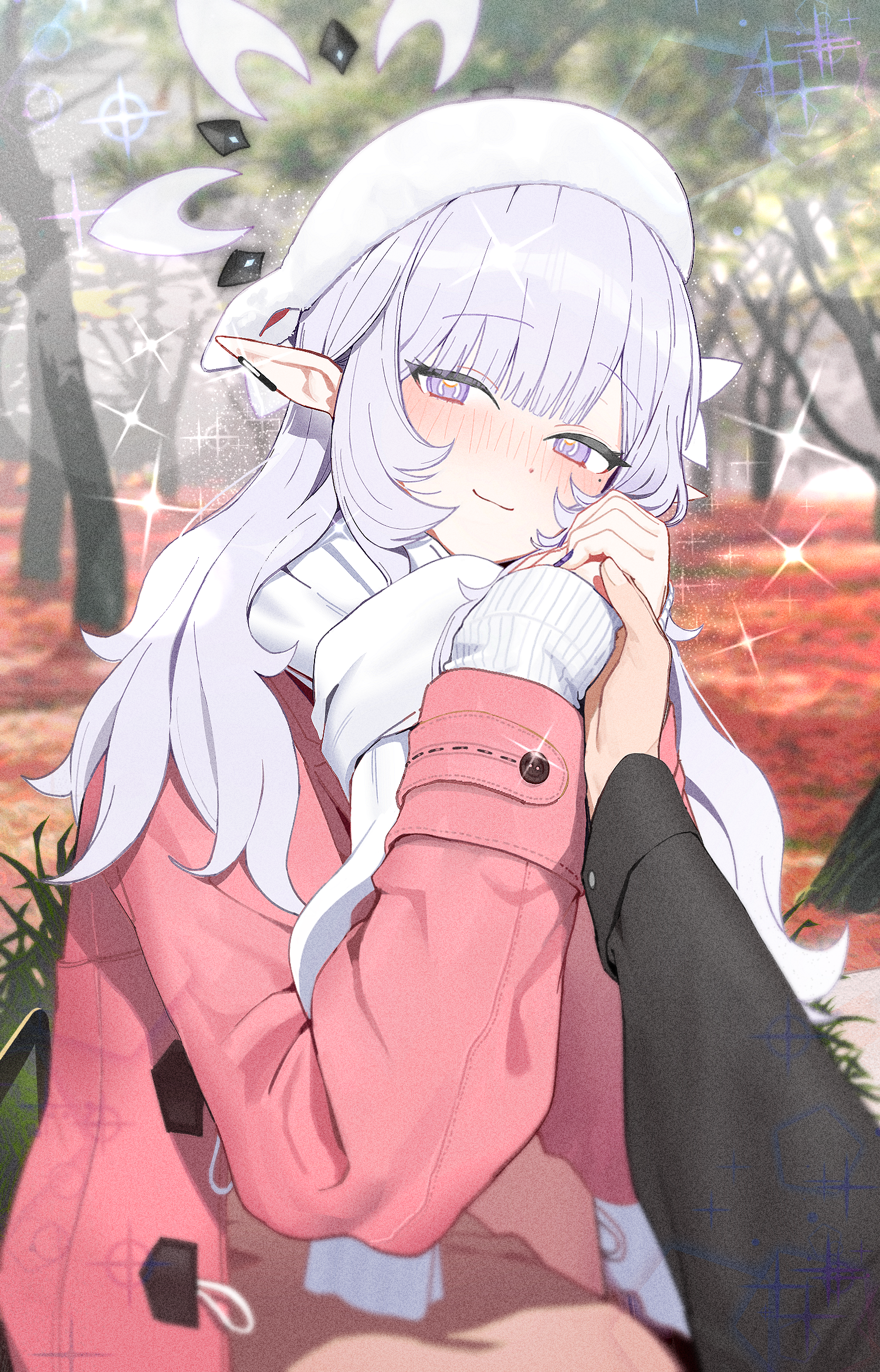Anime 1500x2338 Blue Archive anime girls white looking at viewer Akeboshi Himari (Blue Archive) ZANYA portrait display closed mouth blushing outdoors women outdoors holding hands sparkles trees scarf POV hat women with hats coats painted nails blue nails anime