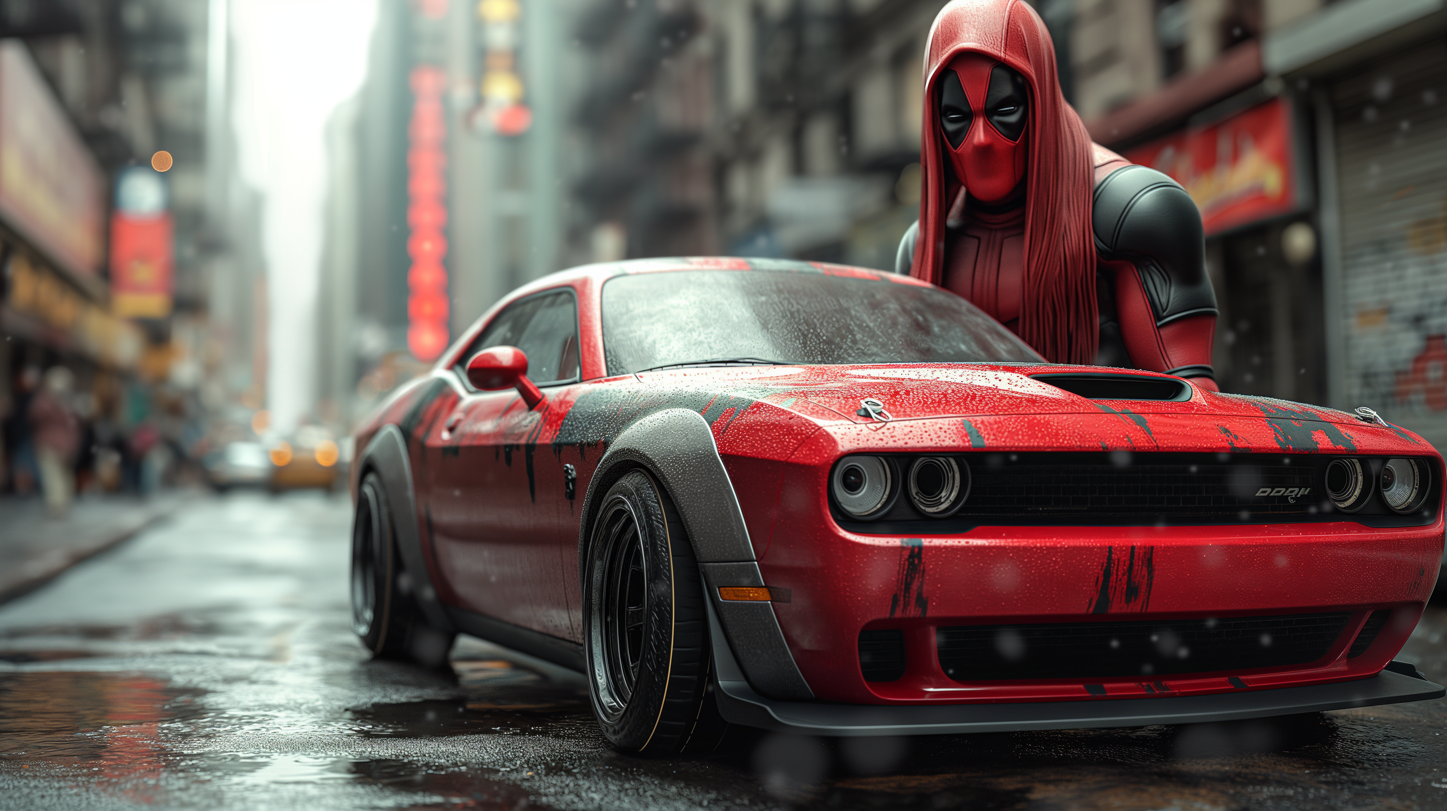General 2912x1632 AI art Dodge Challenger Deadpool vehicle frontal view red cars depth of field closeup building wet road superhero reflection wet headlights car road