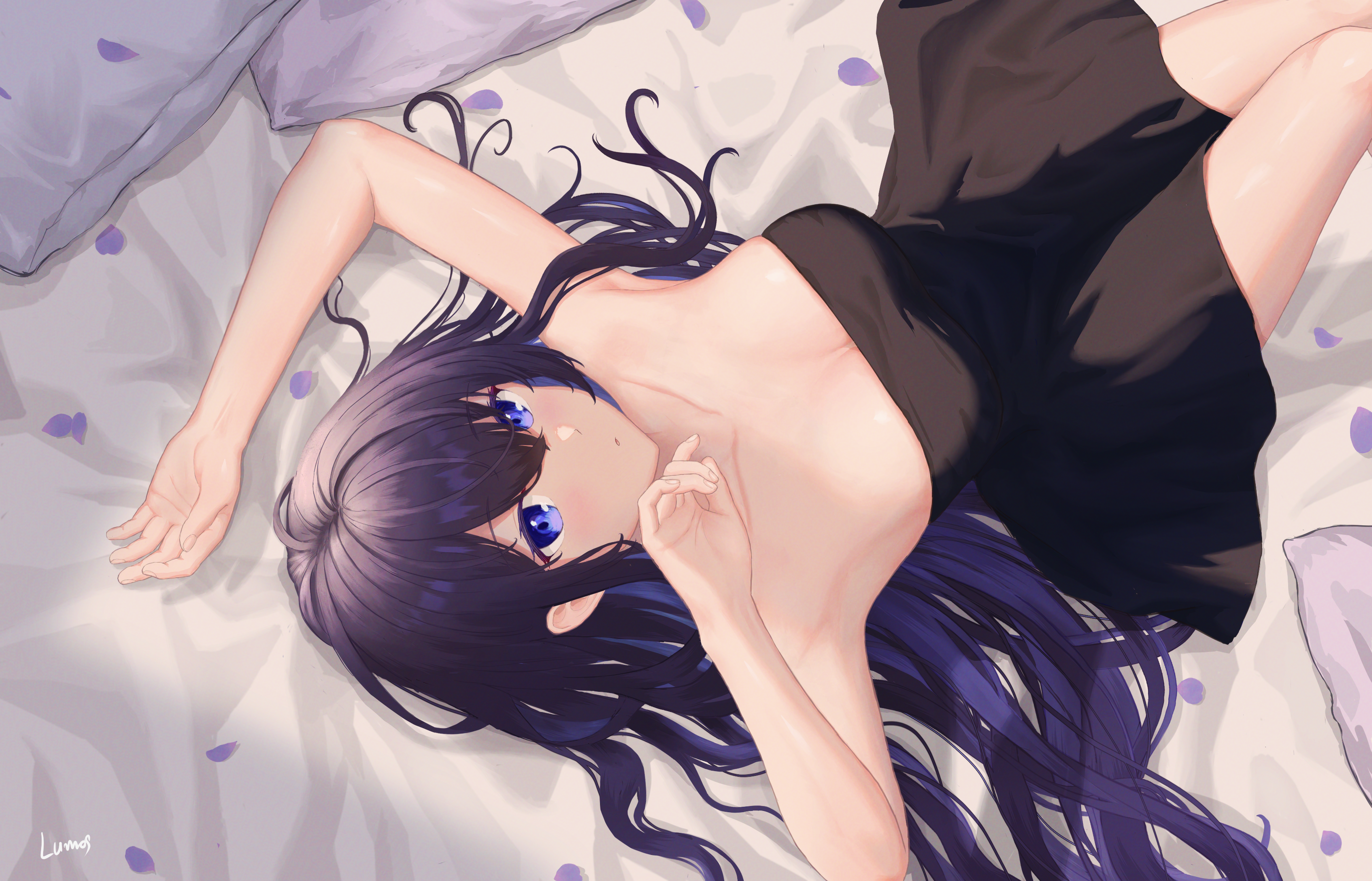 Anime 3270x2100 anime Pixiv anime girls big boobs Unnamed Memory dress Tinasha (Unnamed Memory) lying down lying on back Lumos hair between eyes looking at viewer cleavage petals bed pillow signature blue eyes dark blue hair parted lips collarbone black dress arms up