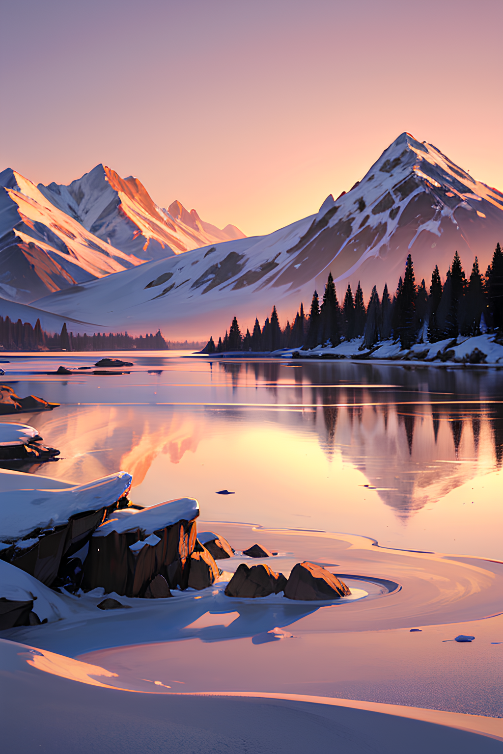 General 1024x1536 AI art artwork digital art mountains reflection trees water ice winter