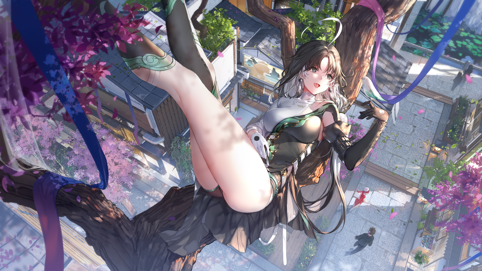 Anime 2016x1134 anime girls dark hair lying on back legs up two tone hair birds high angle Swd3e2 open mouth ahoge ribbon branch trees Wuthering Waves petals Jianxin (Wuthering Waves) long hair looking away tassel earrings earring mismatched gloves legs sunlight architecture knee-highs lying down Yin and Yang jewelry