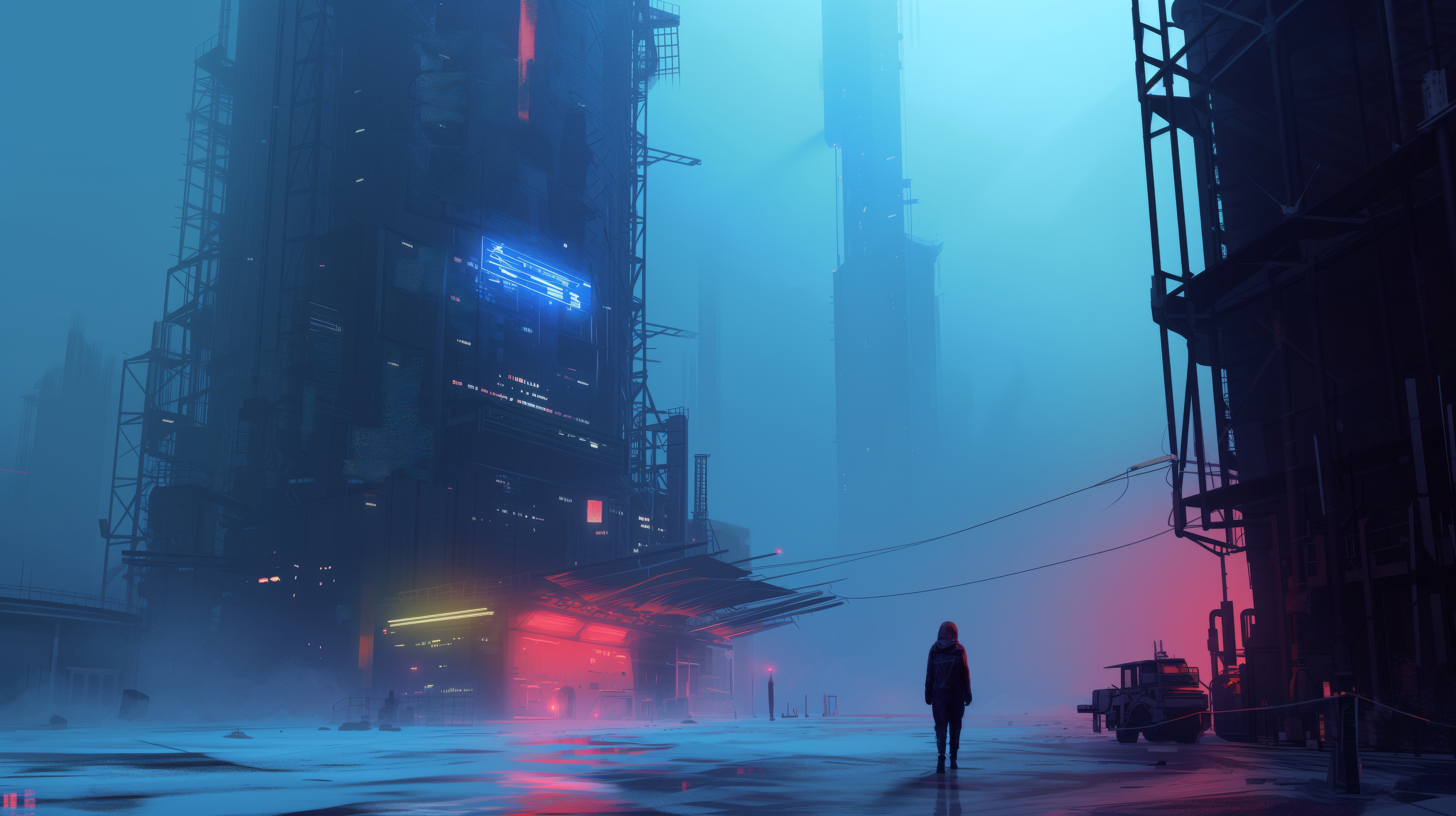 General 5824x3264 AI art science fiction fog glowing lights standing futuristic building reflection