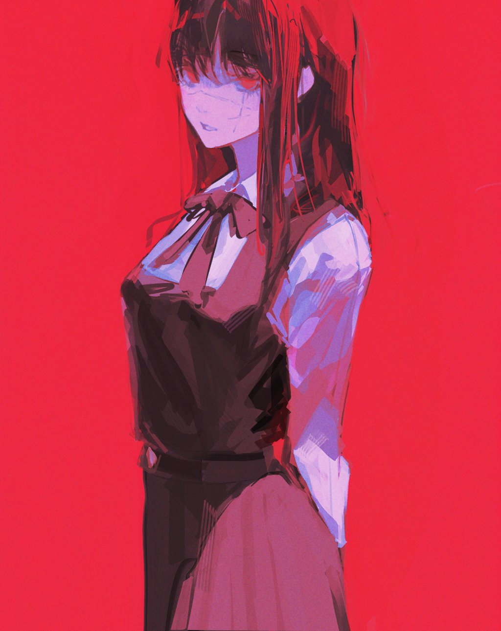 Anime 1024x1290 96yottea Mitaka Asa (Chainsaw Man) Chainsaw Man anime anime girls digital art artwork illustration portrait display black hair red eyes looking at viewer simple background scars minimalism standing long hair parted lips red background bow tie arm(s) behind back long sleeves