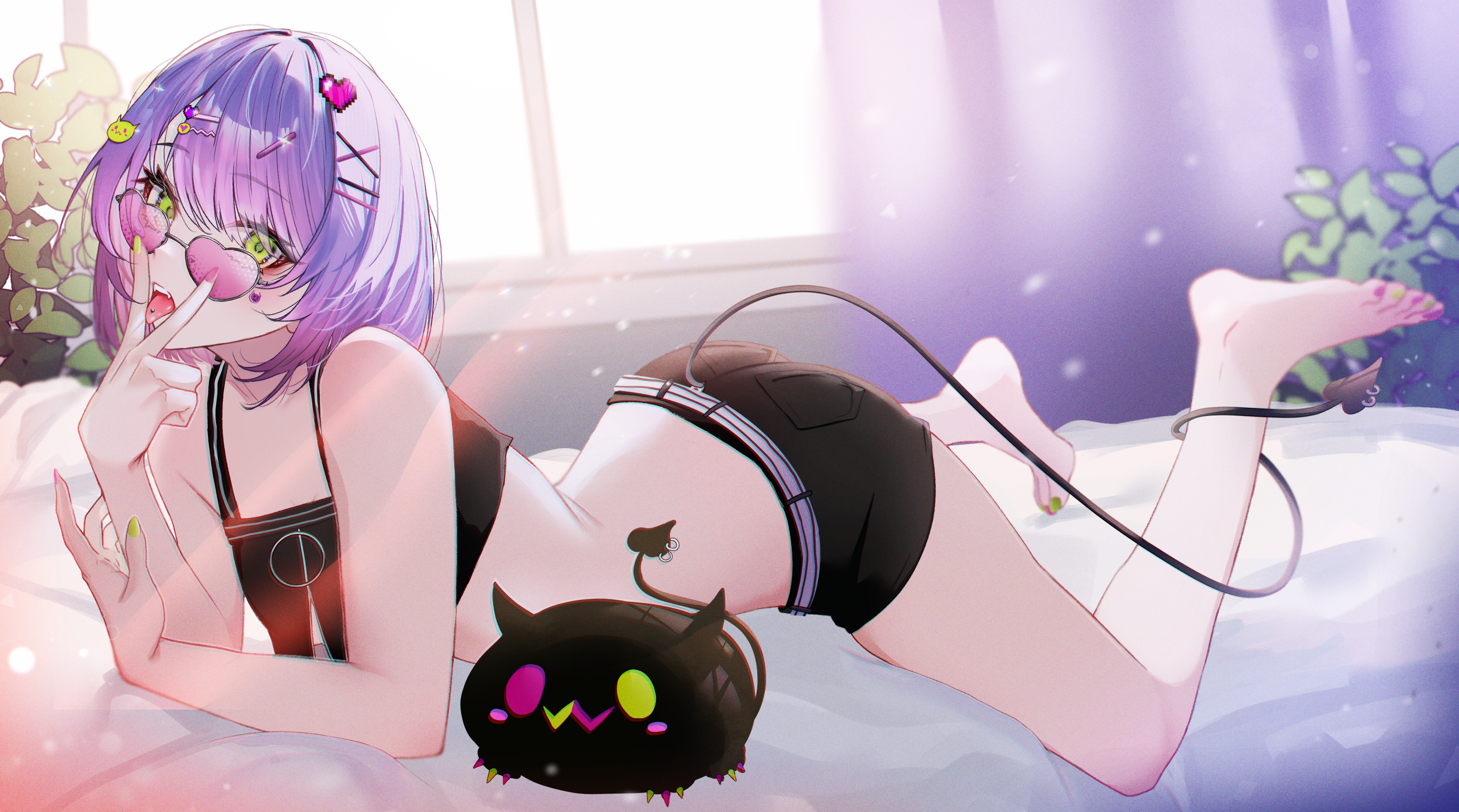 Anime 3521x1959 Hololive Tokoyami Towa anime ass barefoot green eyes Virtual Youtuber Pixiv looking at viewer Higeji404 tongue out phallic symbol tongues lying down lying on front short hair anime girls painted toenails sunlight sunglasses leaves hair ornament bed in bed women indoors arched back short shorts succubus demon tail purple hair skinny window curtains pierced tongue hair clip