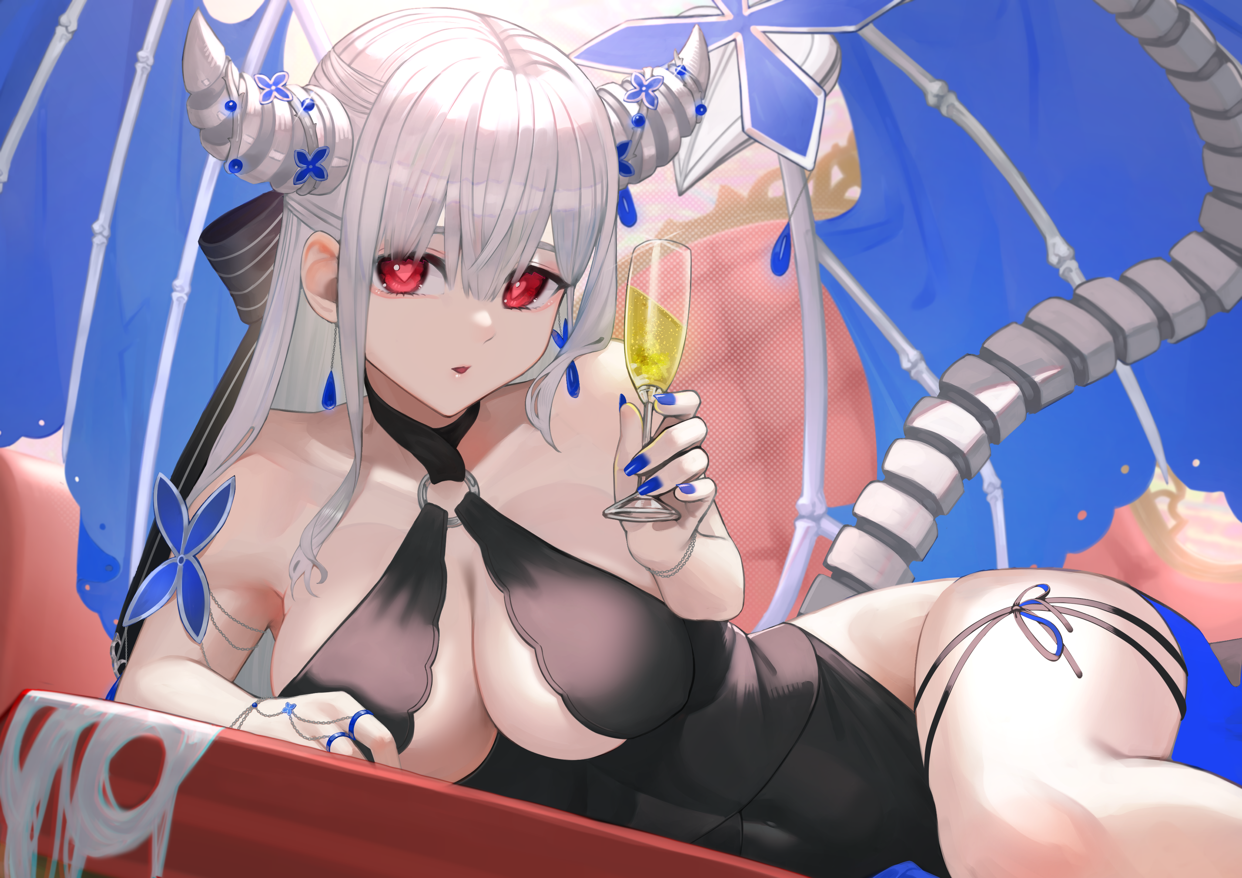 Anime 4093x2894 anime fan Service drinking alcohol demon horns red eyes white hair long hair black clothing cleavage cutout bow looking at viewer big boobs erotic art  lying on counter Pixiv hair between eyes champagne drinking glass blue nails painted nails bare shoulders dress black dress cleavage parted lips bright heart eyes lying down