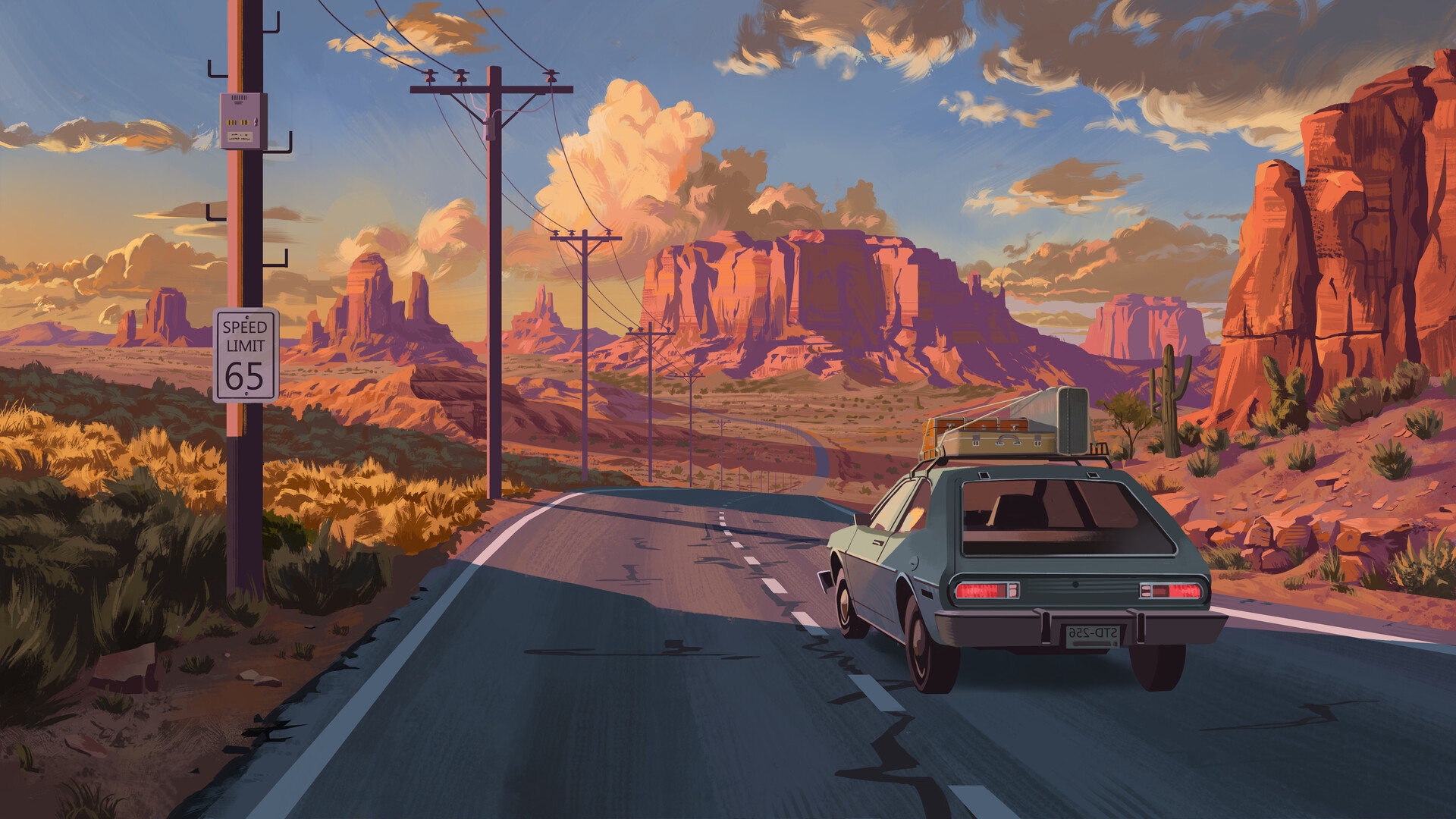 General 1920x1080 digital art illusion sunset car sky peaceful road sign roadtrip rear view taillights licence plates nature clouds road vehicle sunlight canyon sign cactus driving landscape Jonathan Lebrec numbers