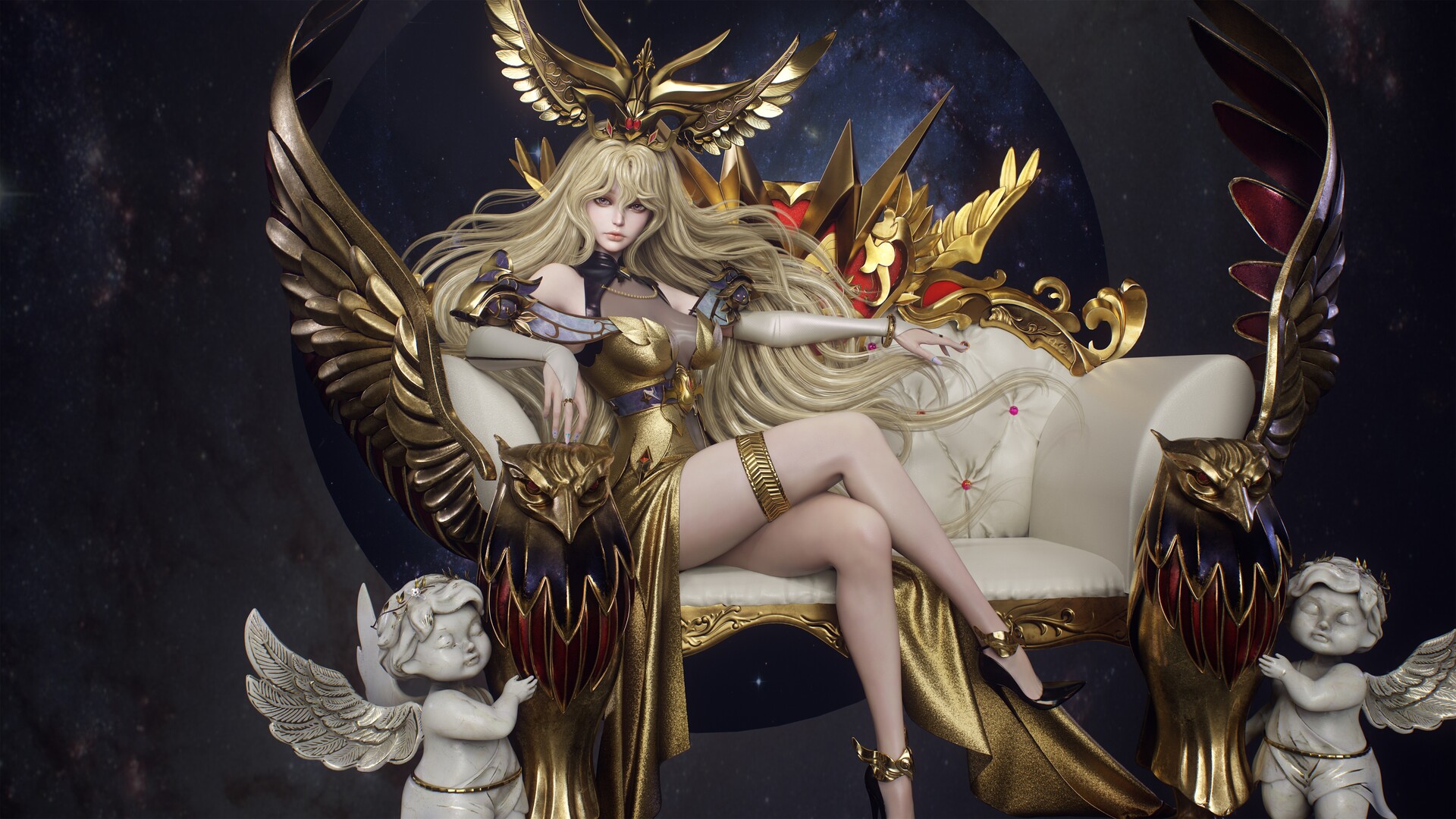 General 1920x1080 Ma Chui Chui CGI women legs crossed angel gold sitting looking at viewer long hair simple background heels statue Cupid wings hair between eyes blonde elbow gloves gloves white gloves bracelets hair spread out couch gold dress digital art closed mouth yellow eyes bare shoulders necklace